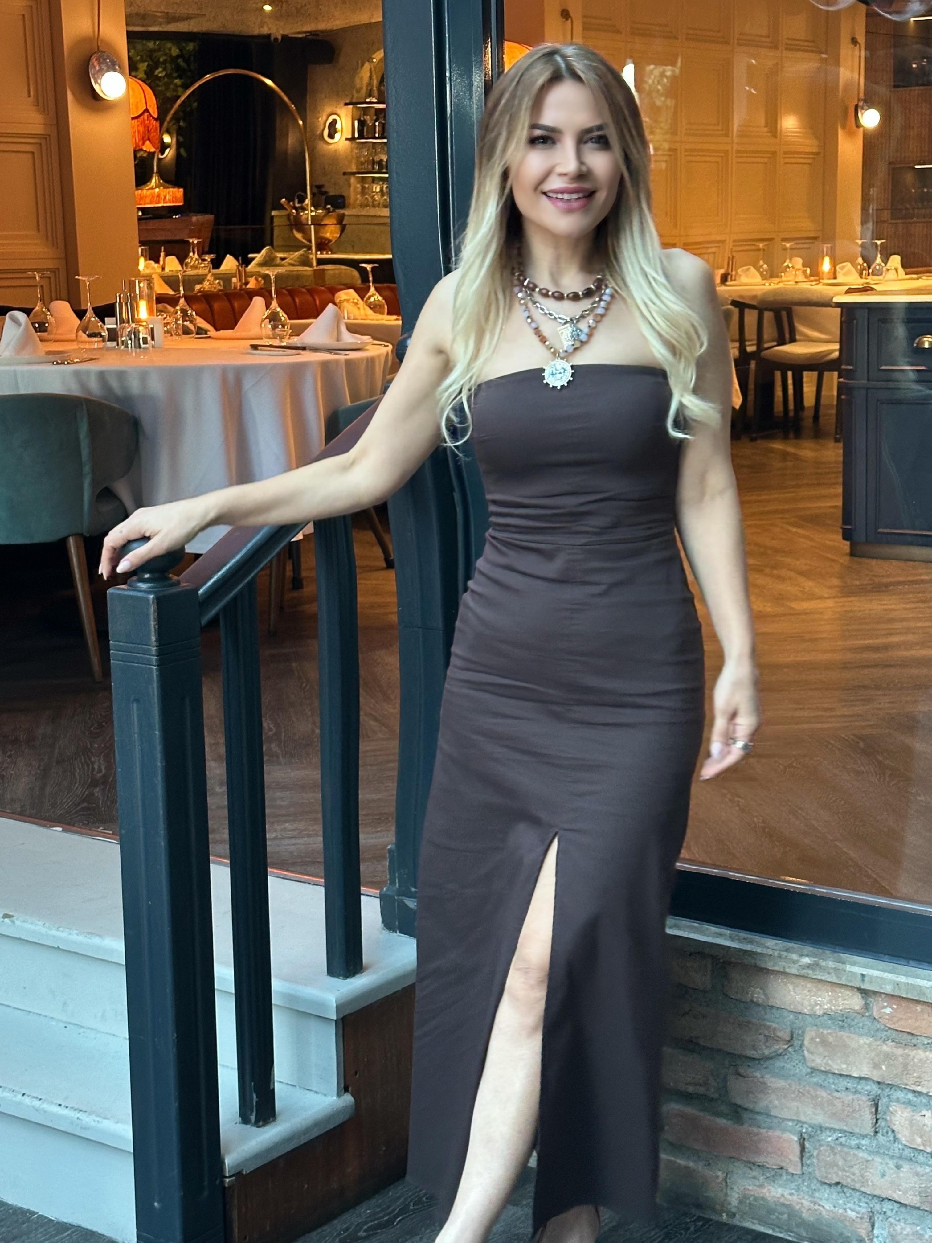 Koyu Kahve Straplez Elbise