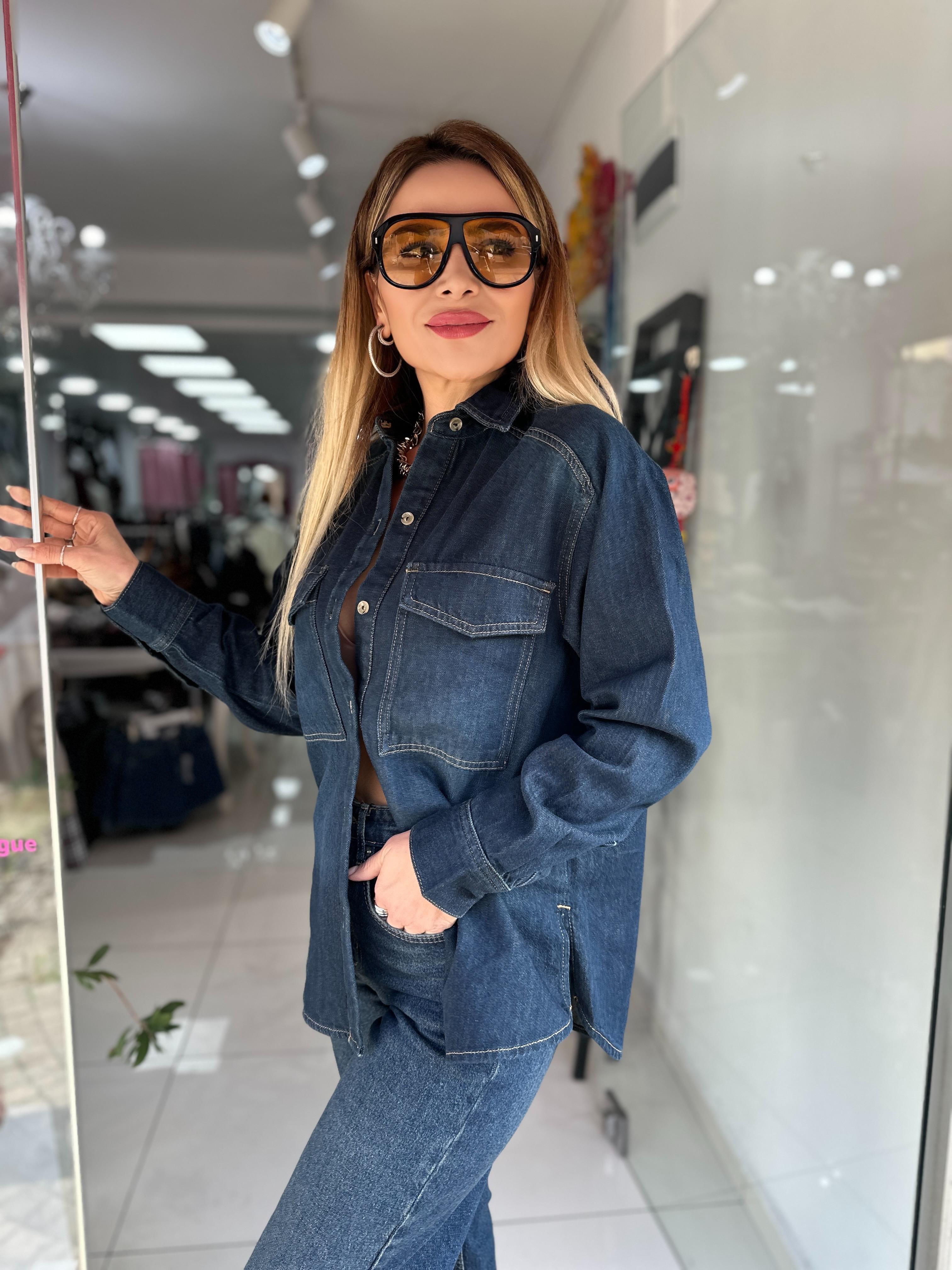 Koyu Mavi Çift Cepli Denim Gömlek