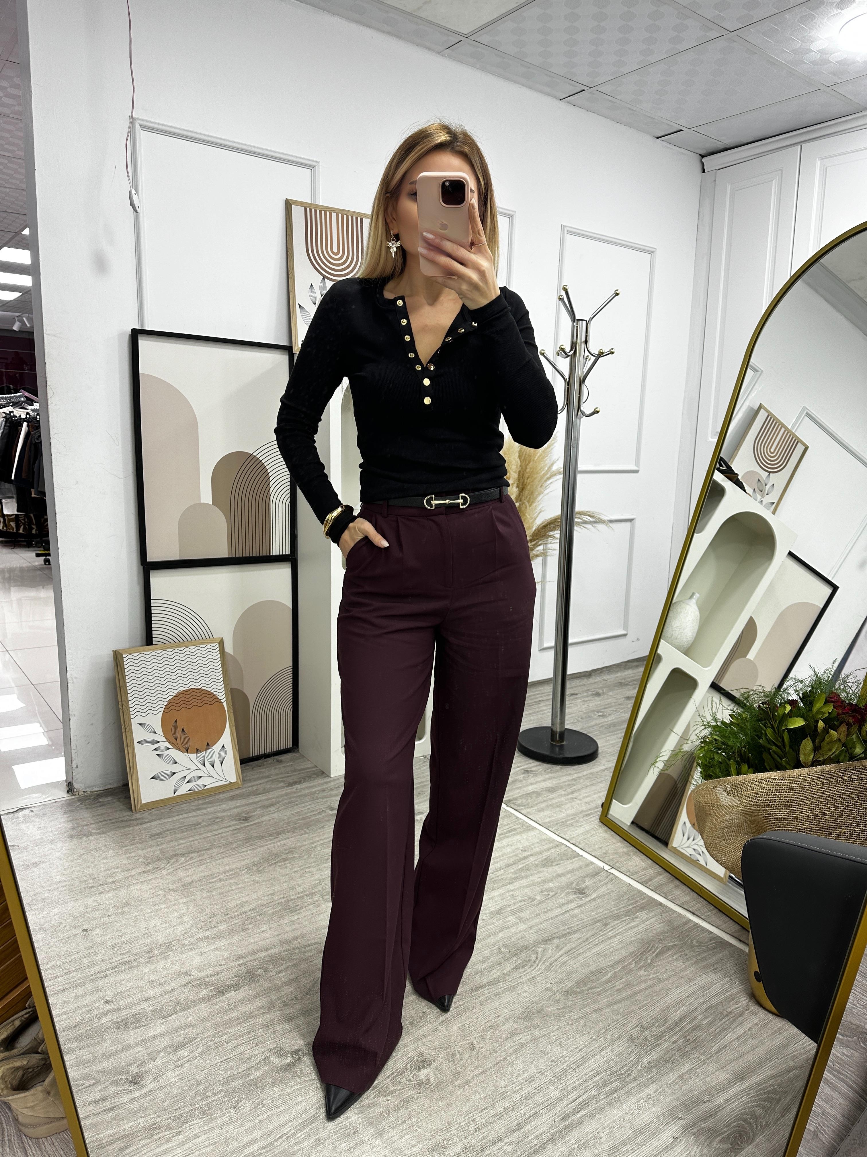 KR Bordo Beli Lastikli Palazzo Pantolon
