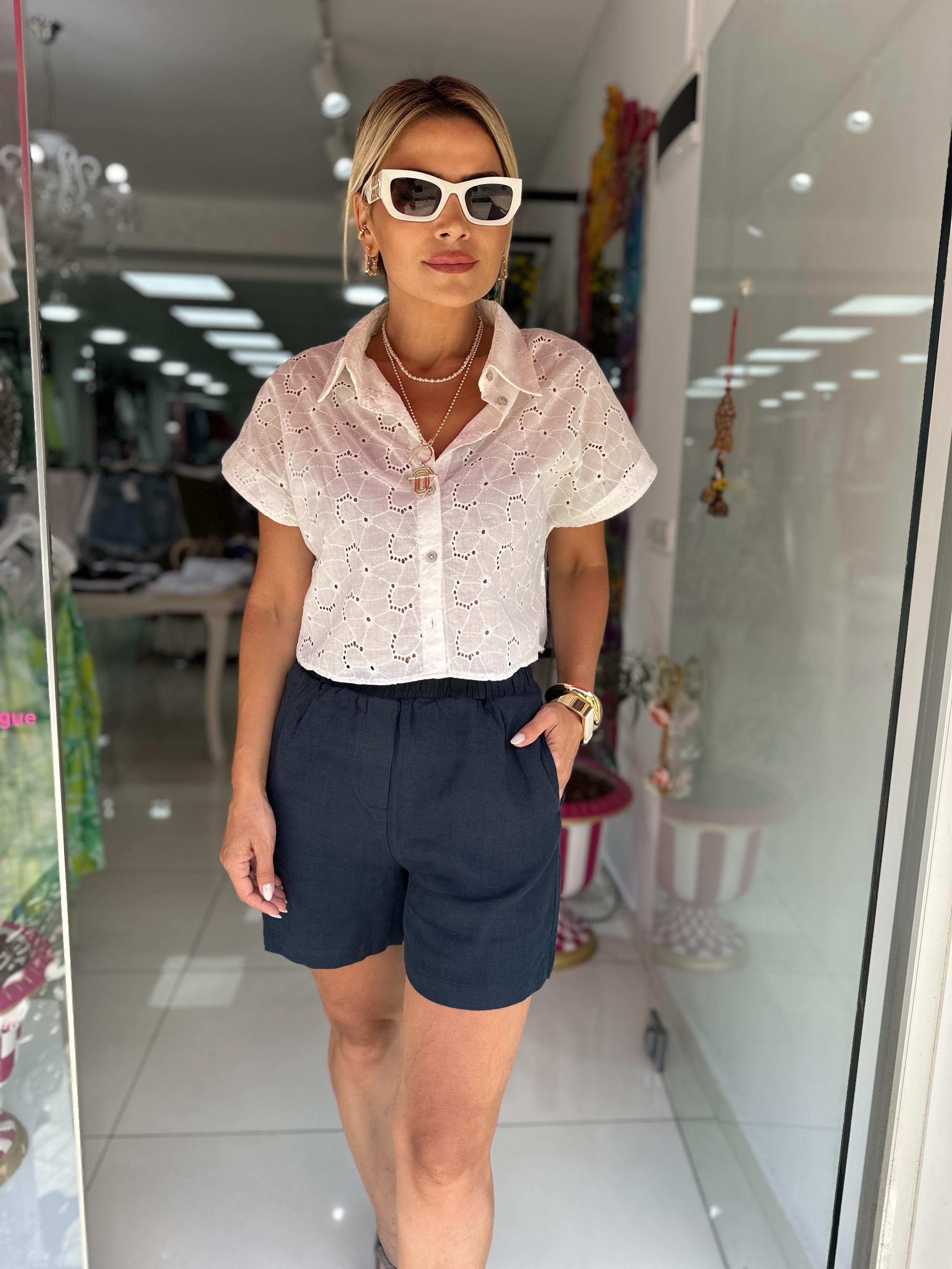 KR Lacivert Beli Lastikli Keten Şort