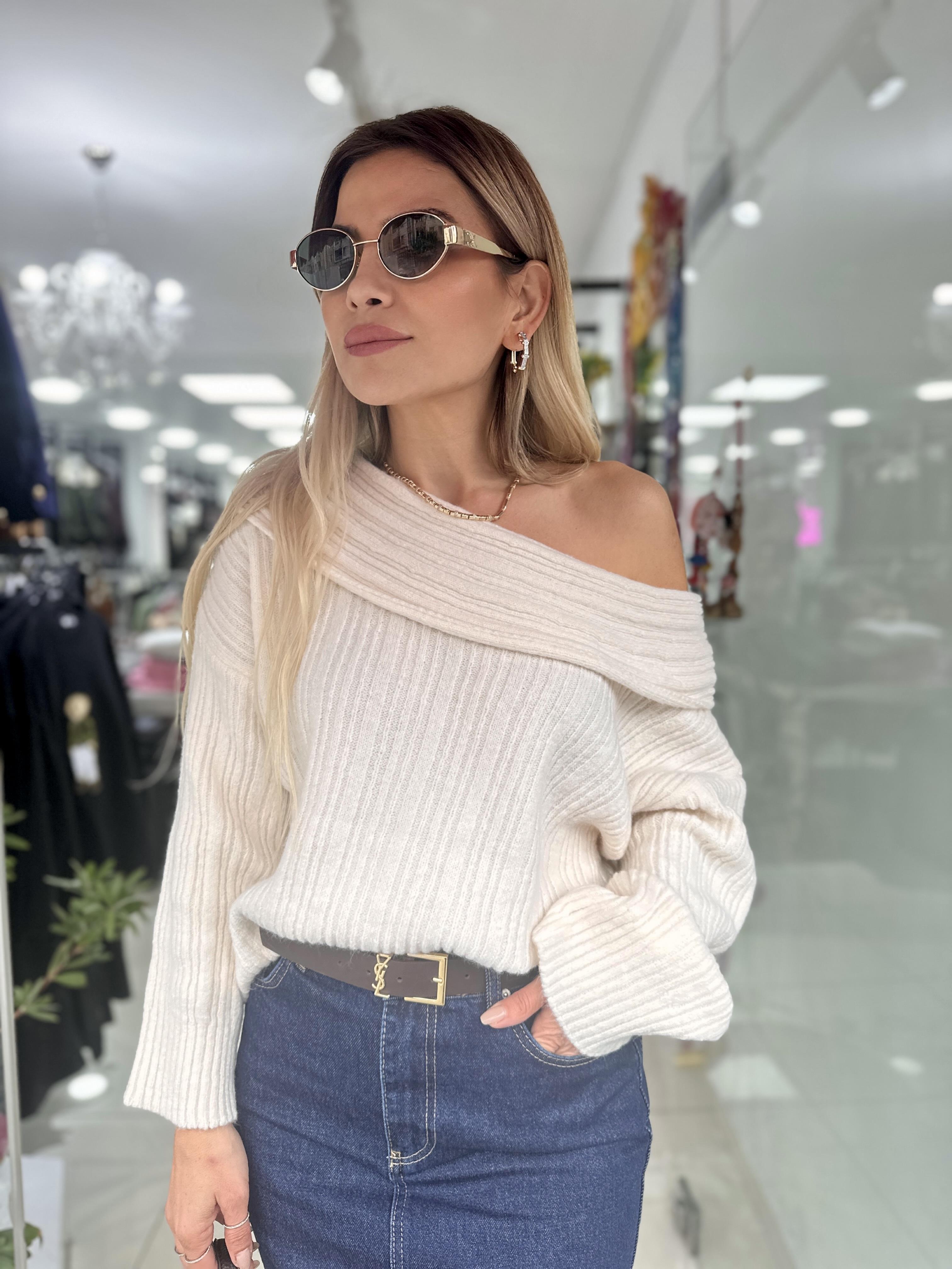 Krem Degaje Yaka Fitilli Kazak 