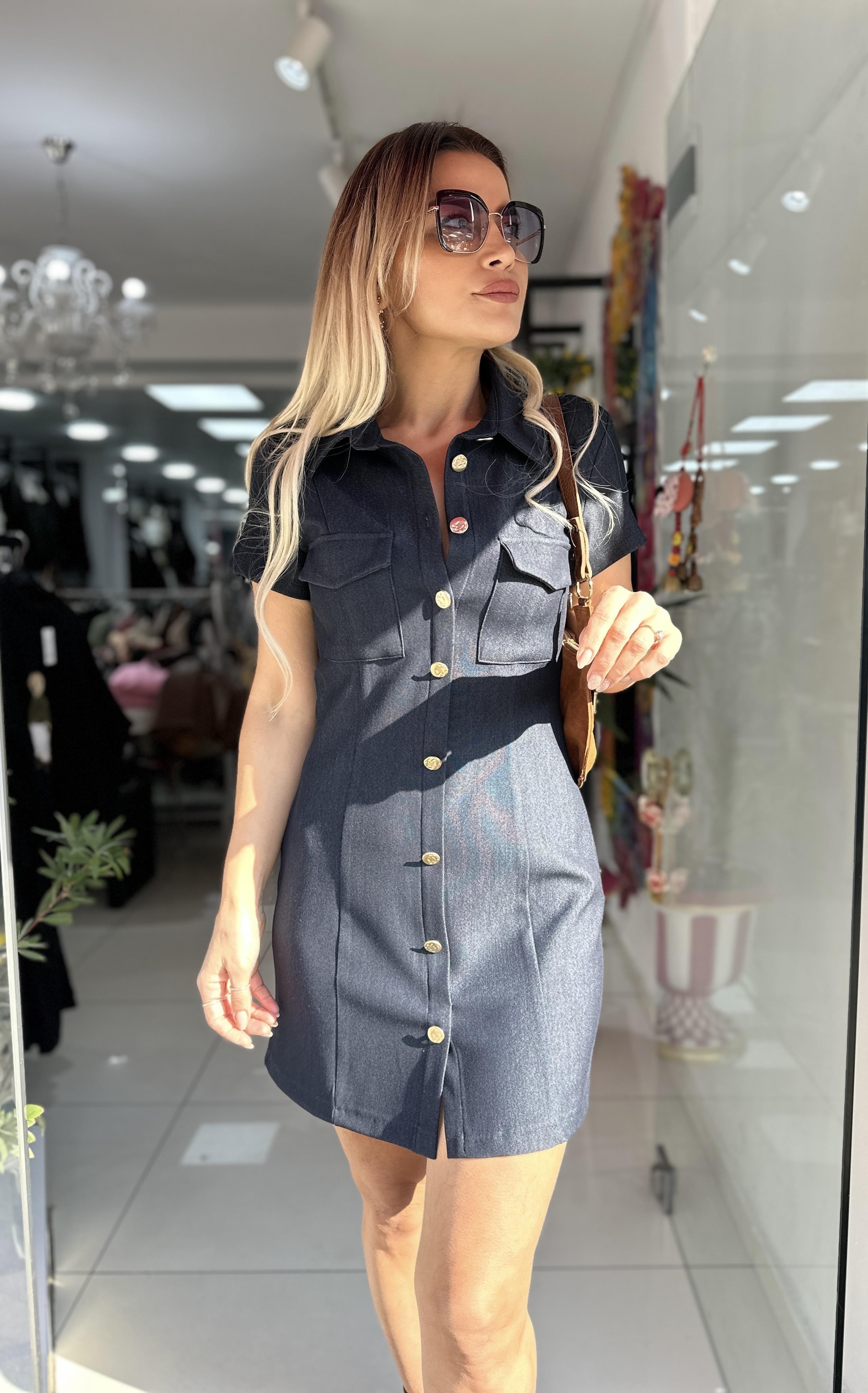 Lacivert Altın Düğmeli Kısa Elbise 