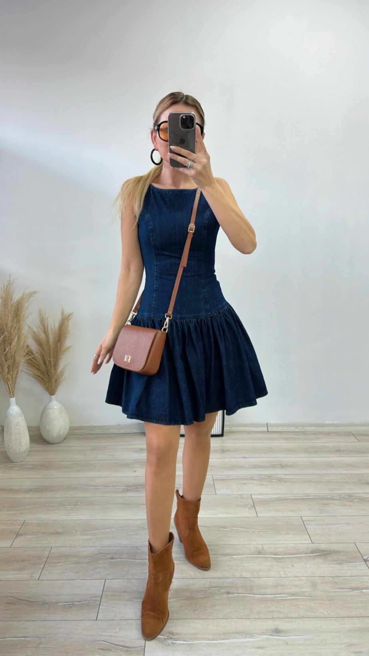 Lacivert Denim Elbise 