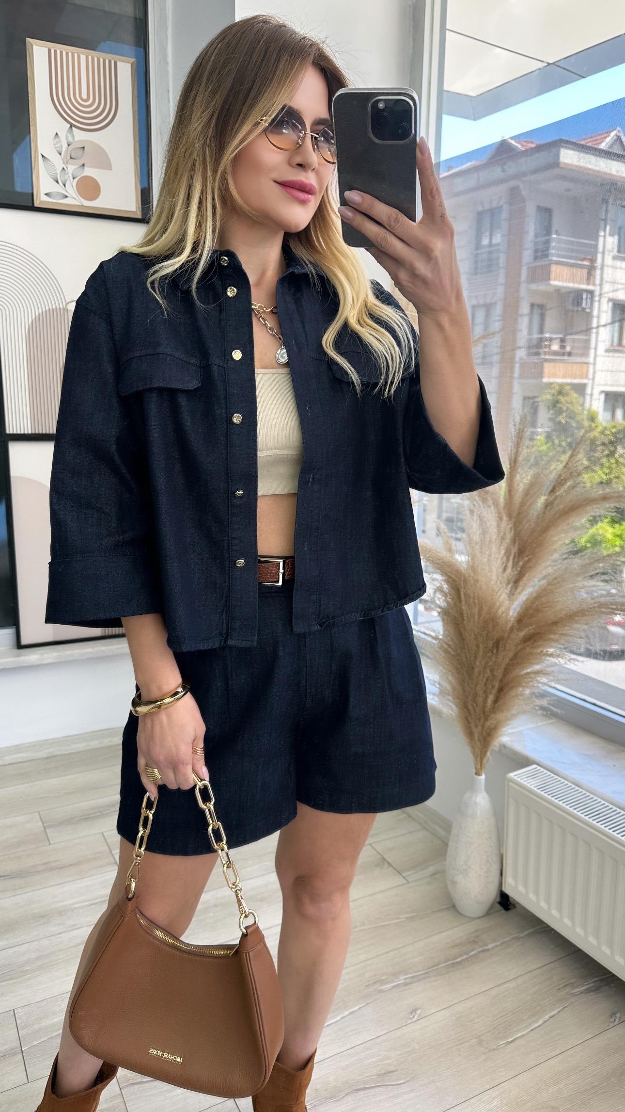 Lacivert Denim Gömlek Şort Takım