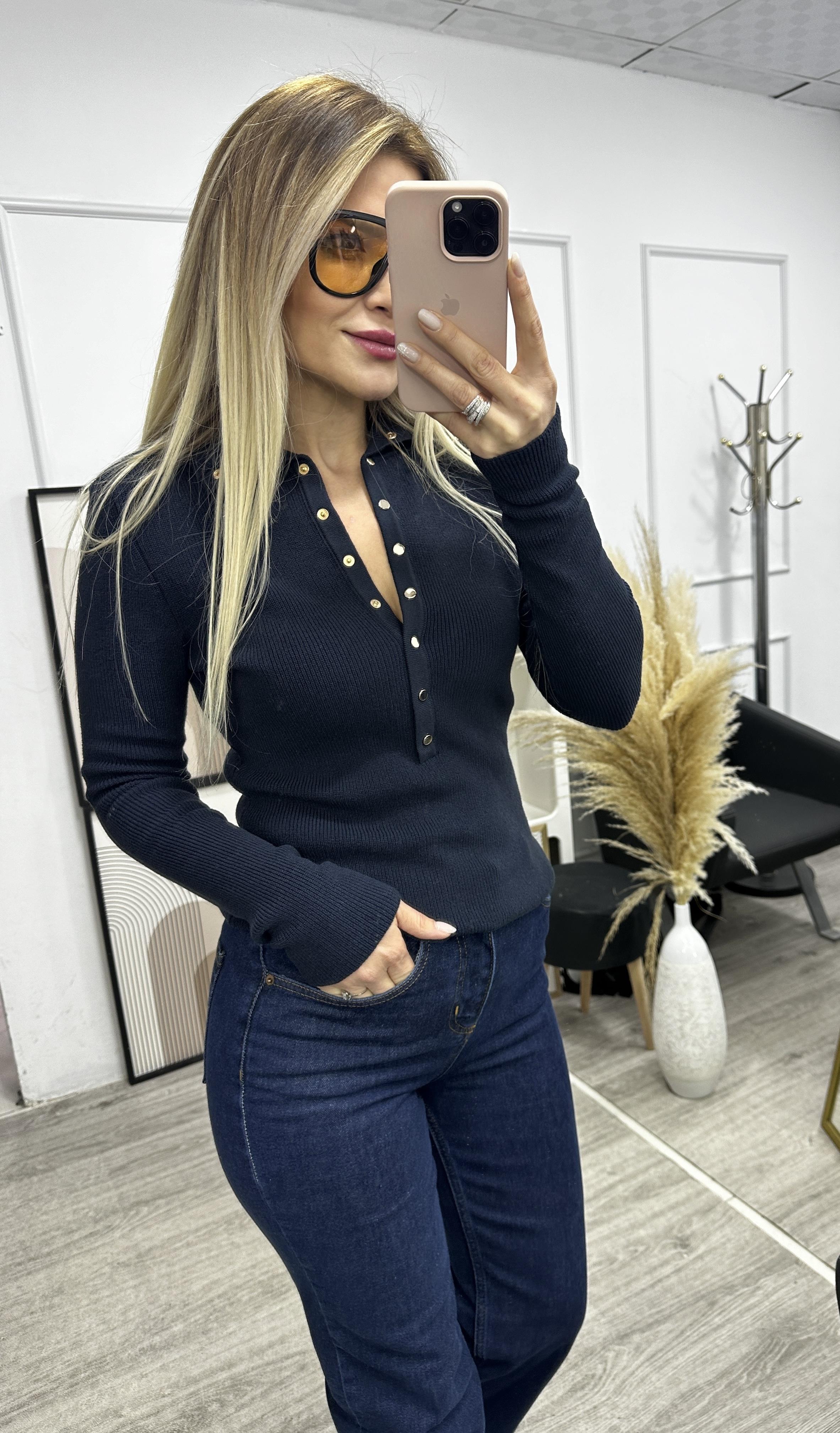 Lacivert Dik Yaka Çıtçıtlı Triko Kazak 
