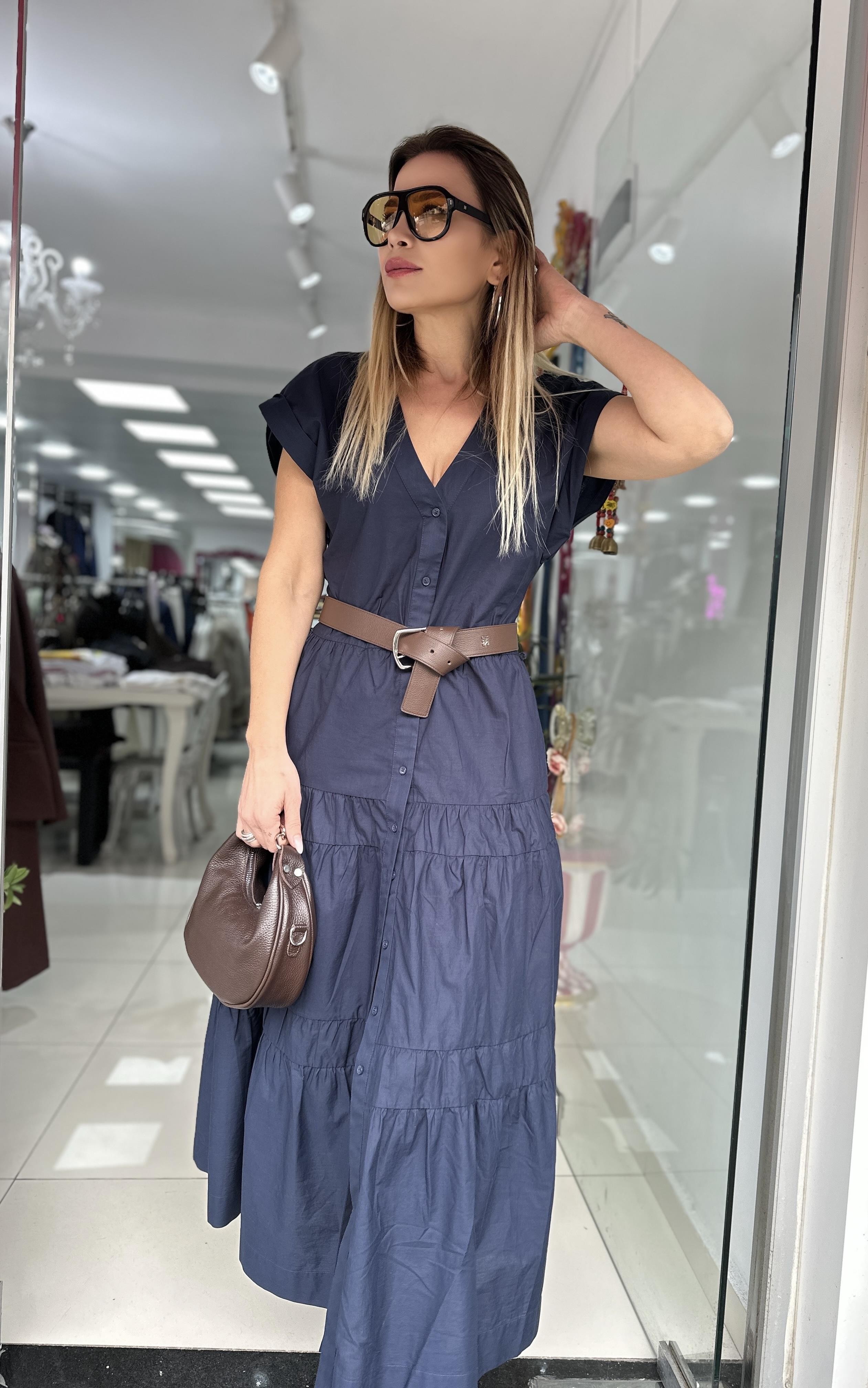 Lacivert Düğme Detaylı Elbise 