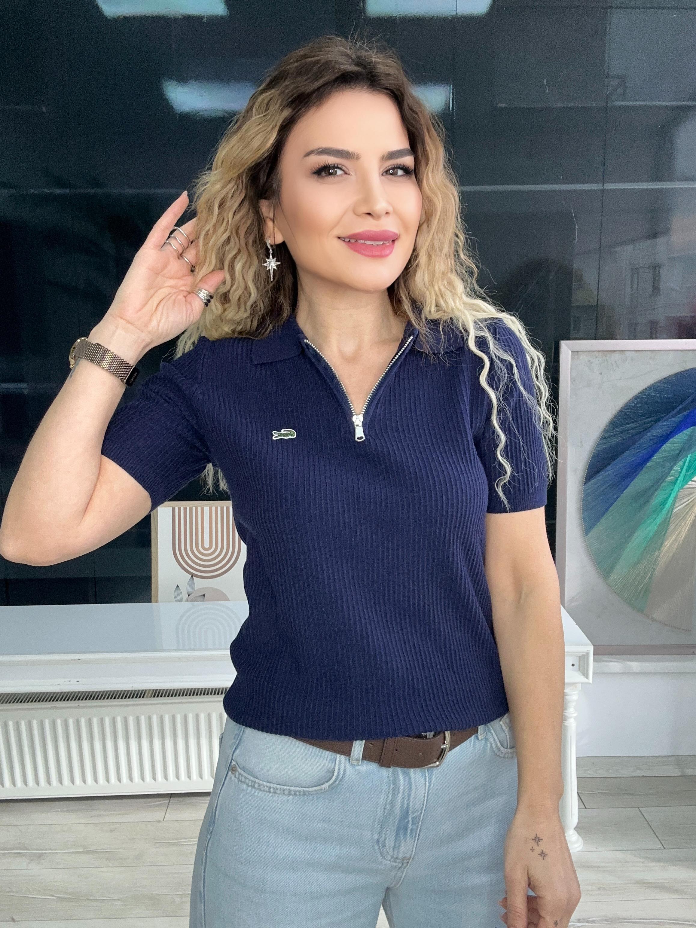 Lacivert Fermuar Detaylı Triko Bluz