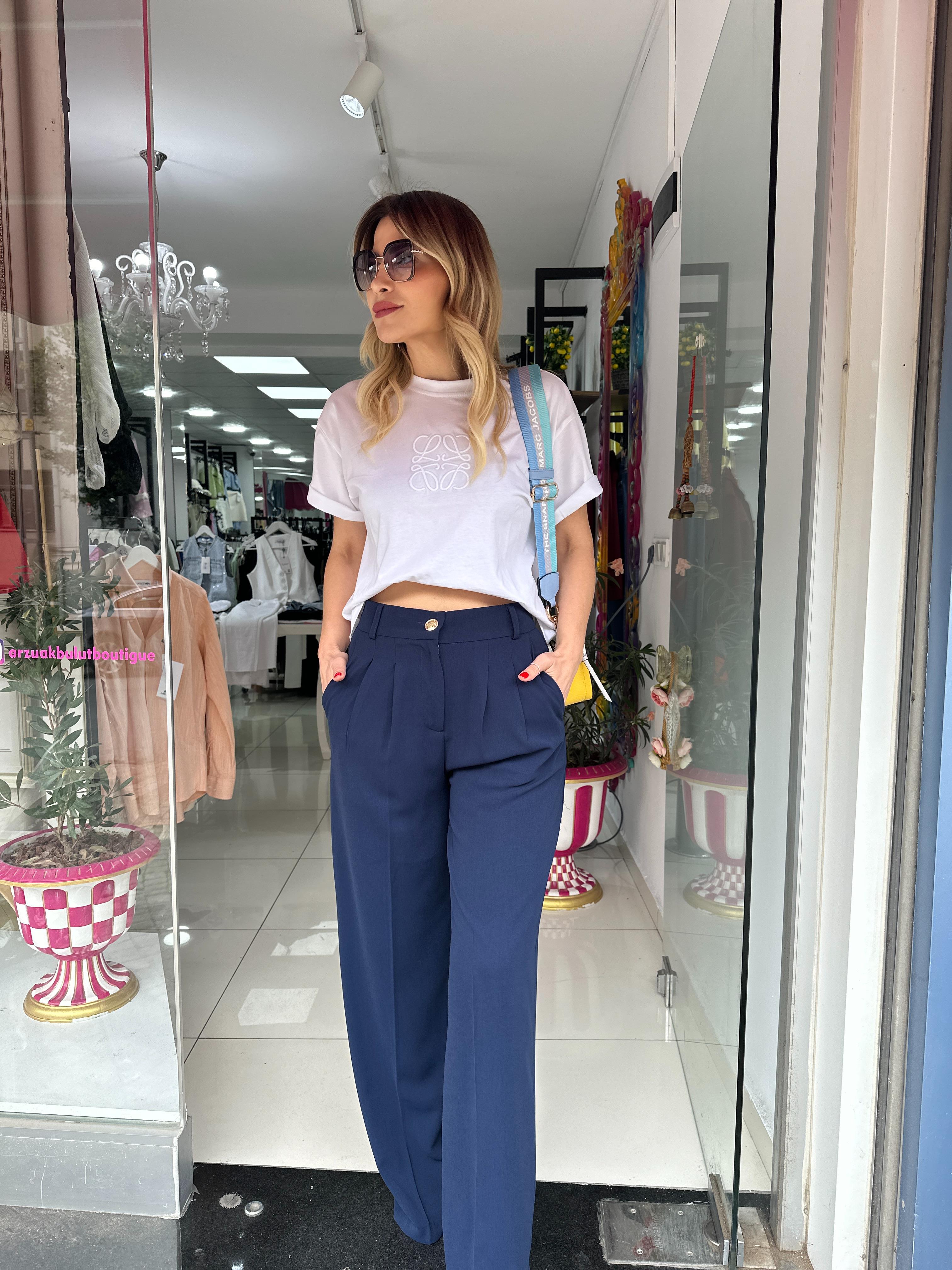 Lacivert Gold Düğme Detaylı Palazzo