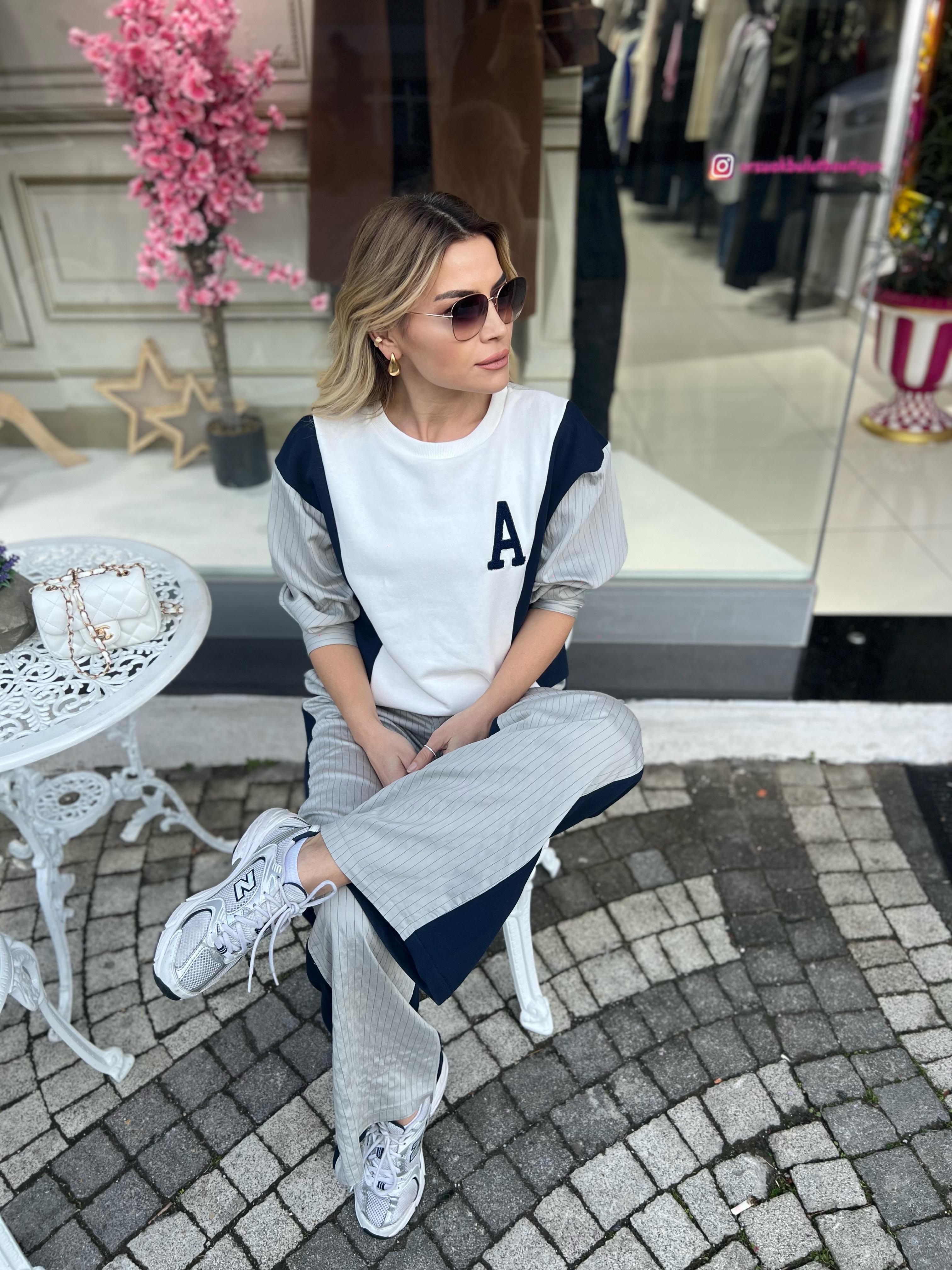 Lacivert Gri Çizgili Bella Takım