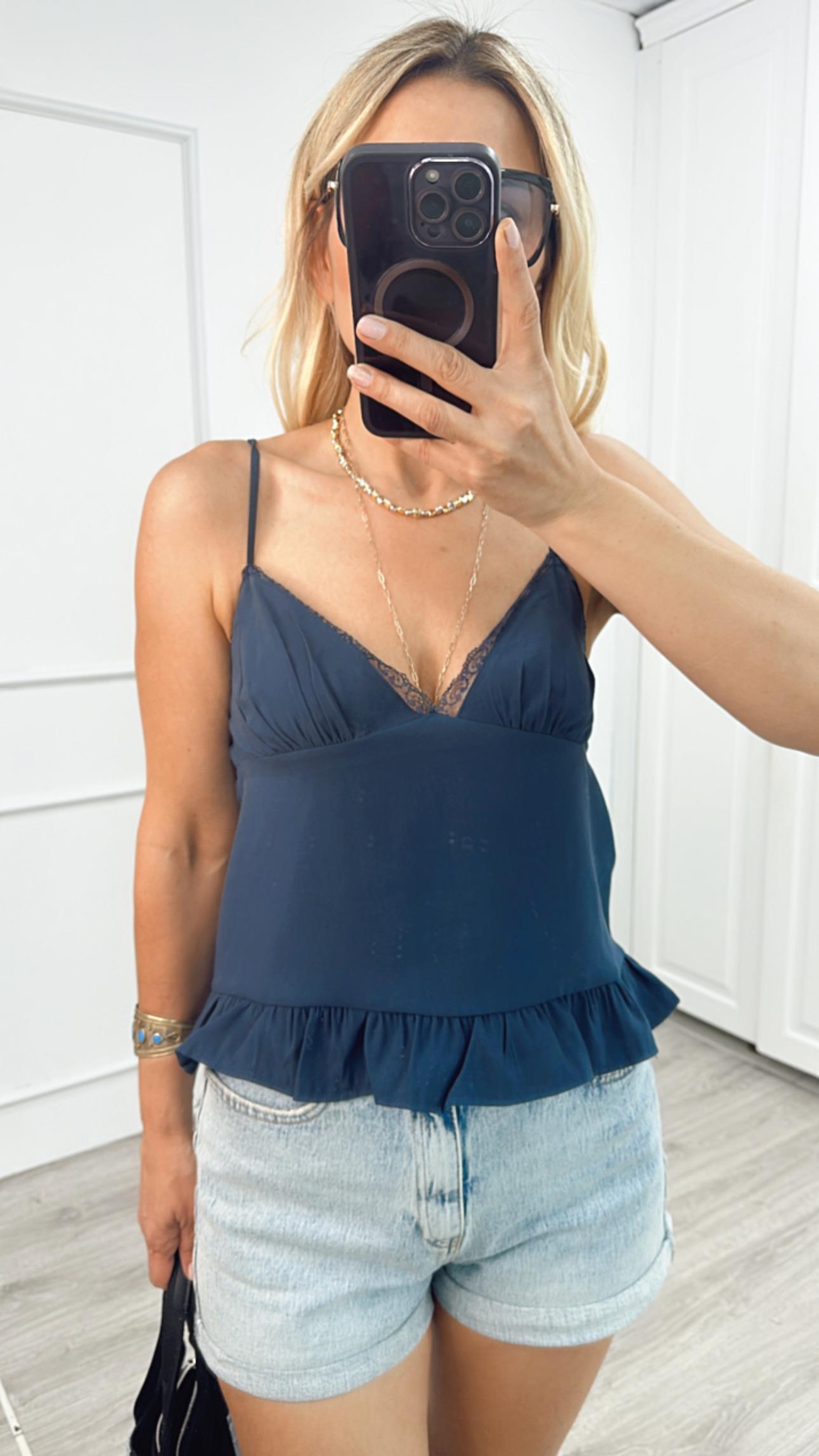 Lacivert İp Askılı Dantelli Atlet 