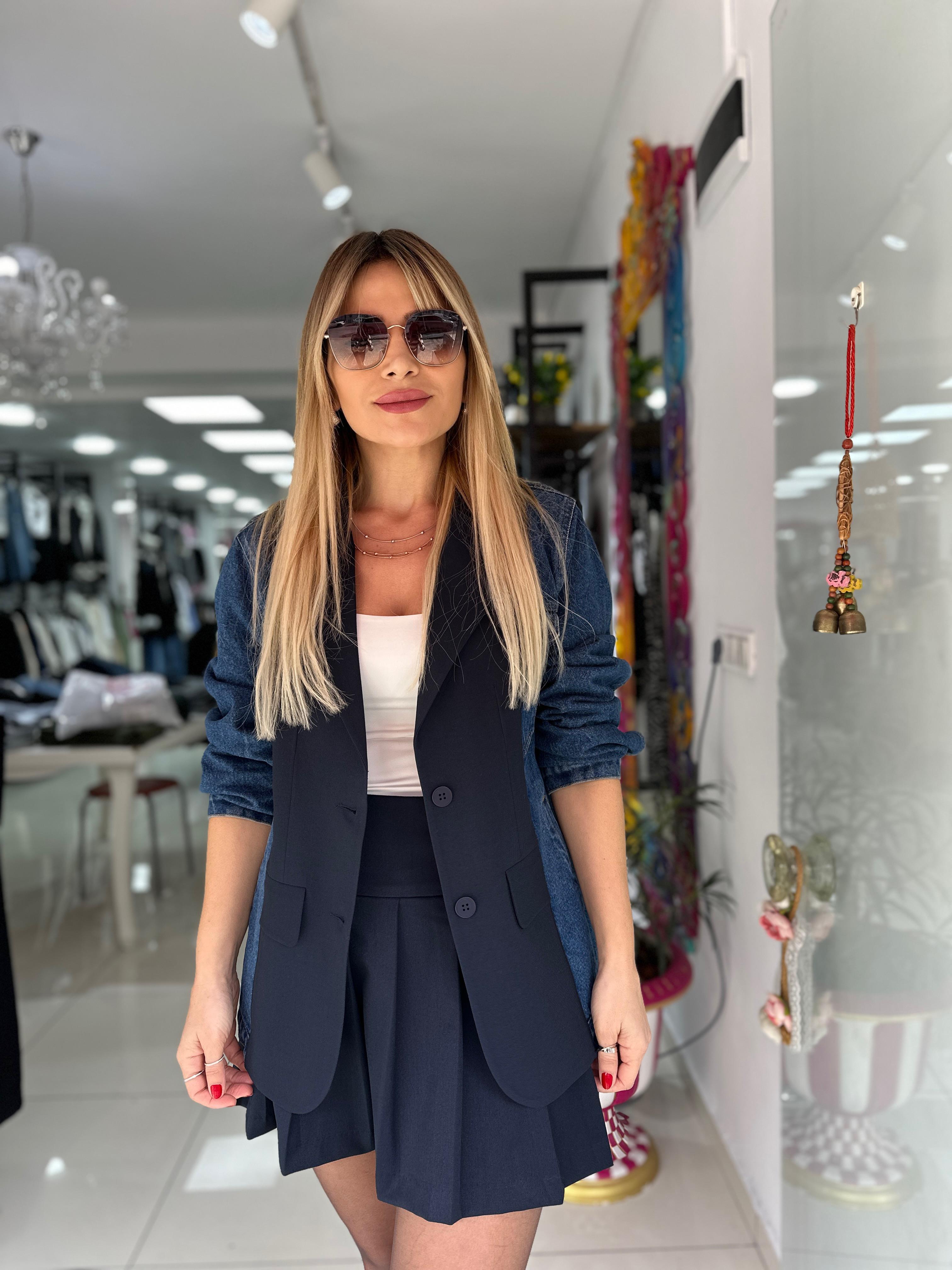 Lacivert Jean Detaylı Tasarım Blazer Ceket 