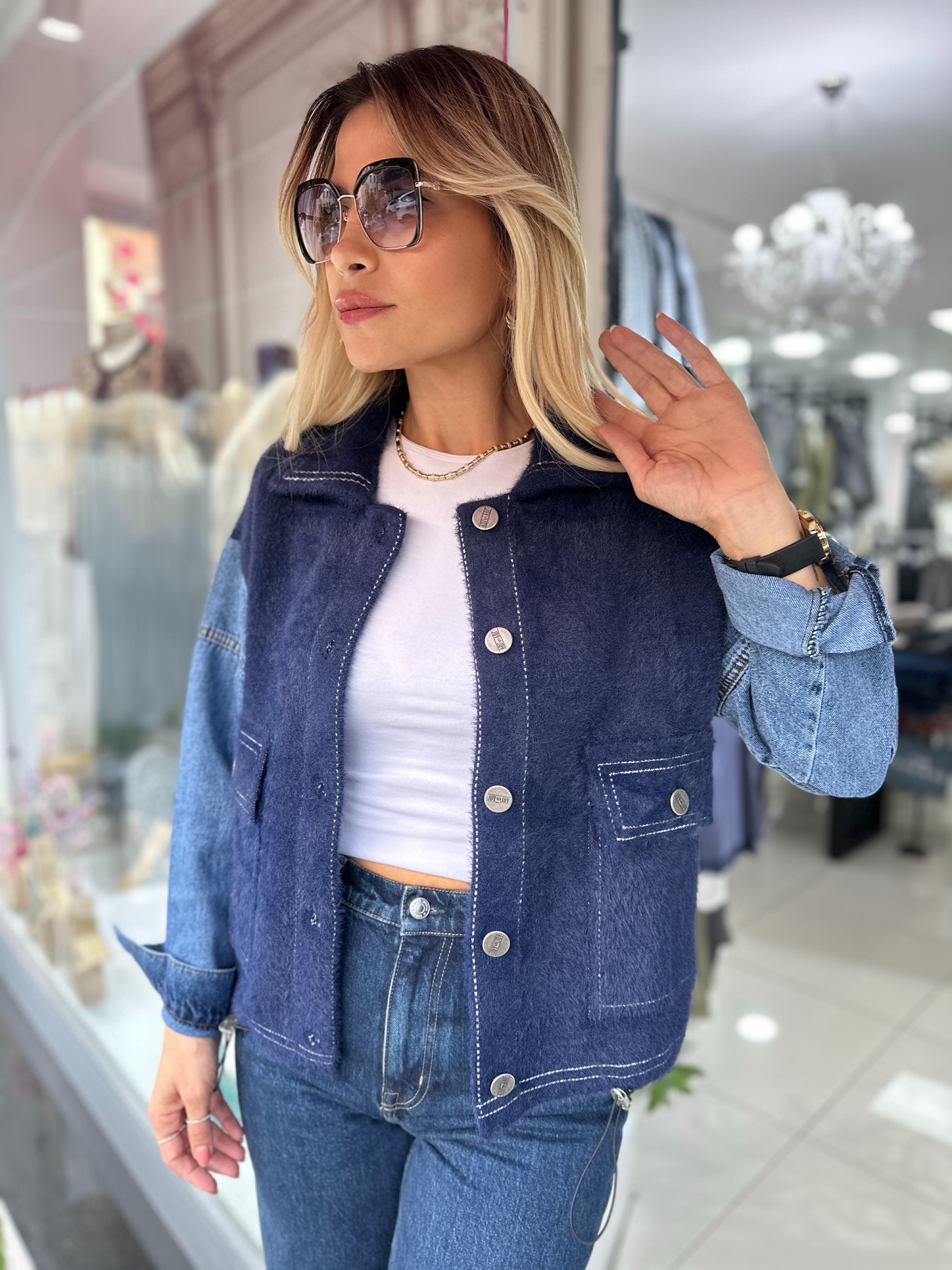 Lacivert Jean Geçişli Angora Ceket