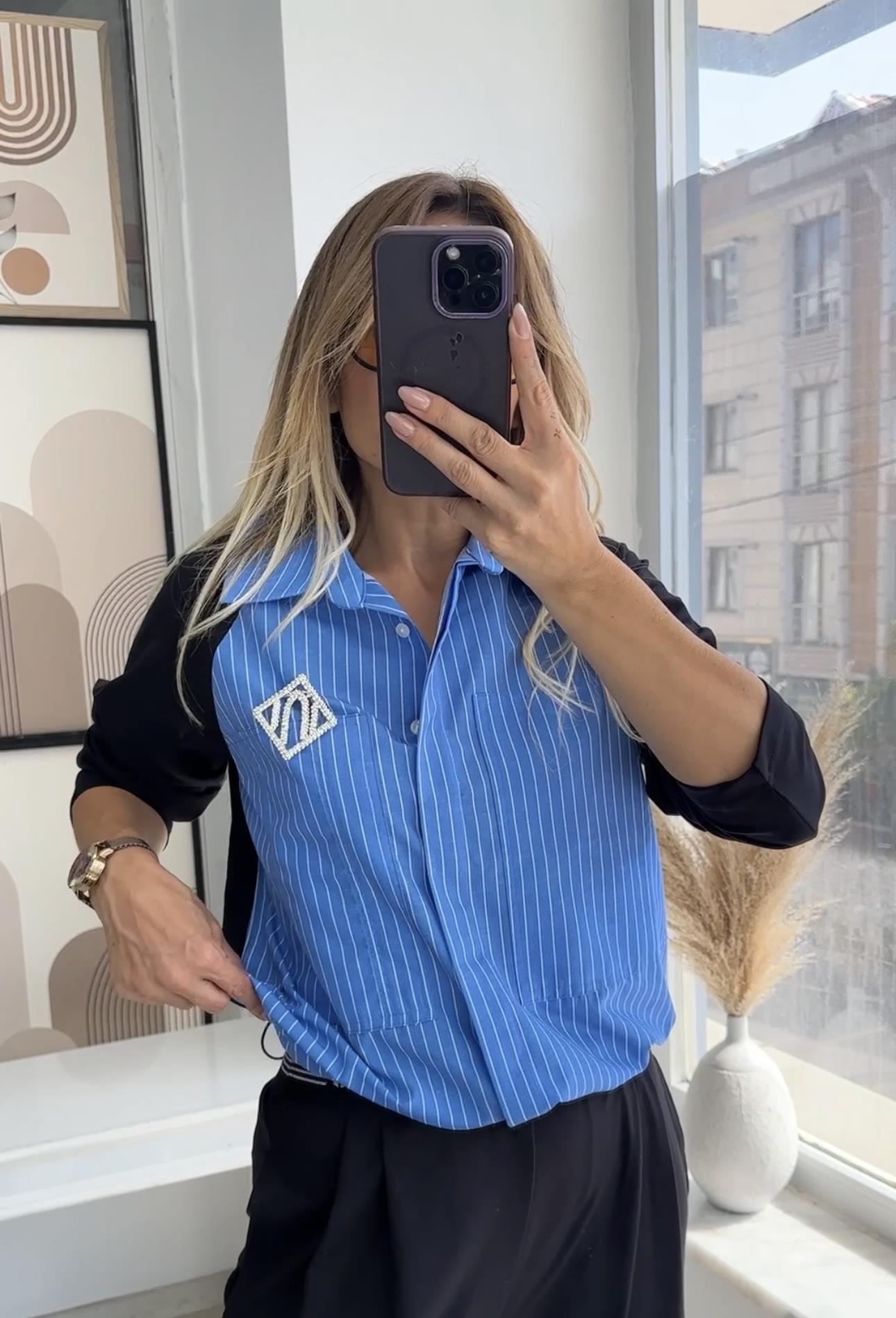 Lacivert Mavi Broşlu Tasarım Gömlek Ceket