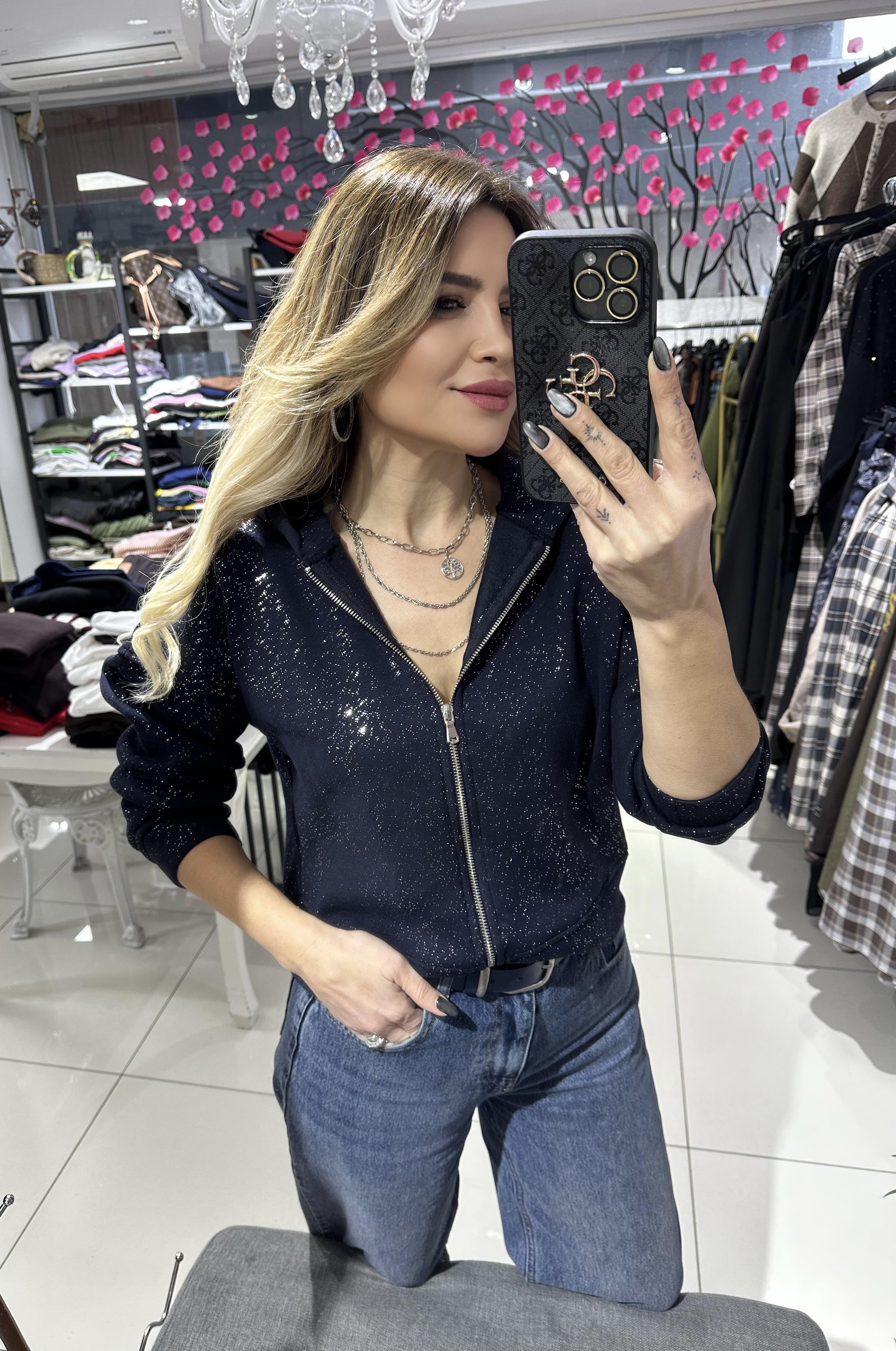 Lacivert Simli Fermuarlı Sweat