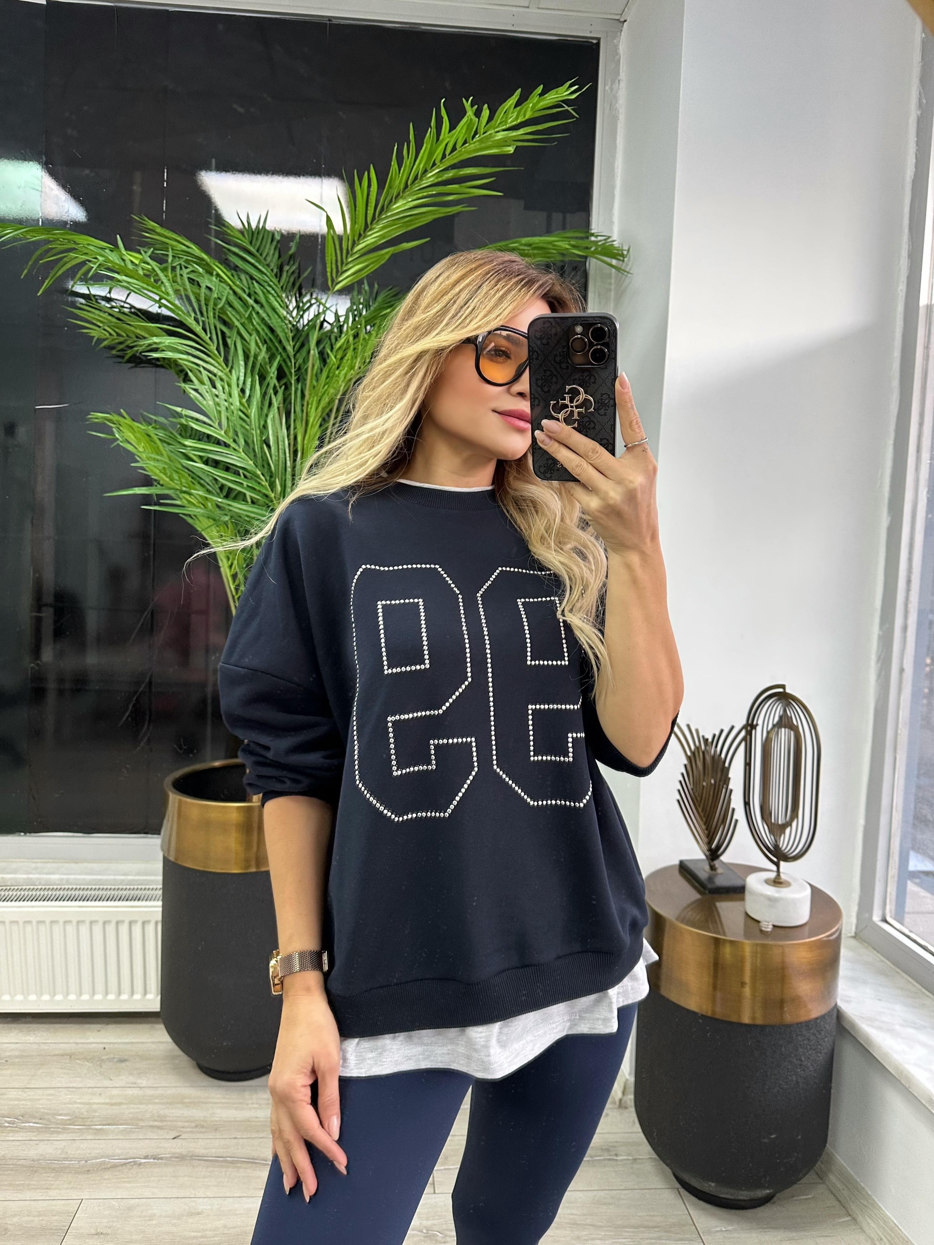 Lacivert Taşlı Tşhirt Detaylı Sweat 