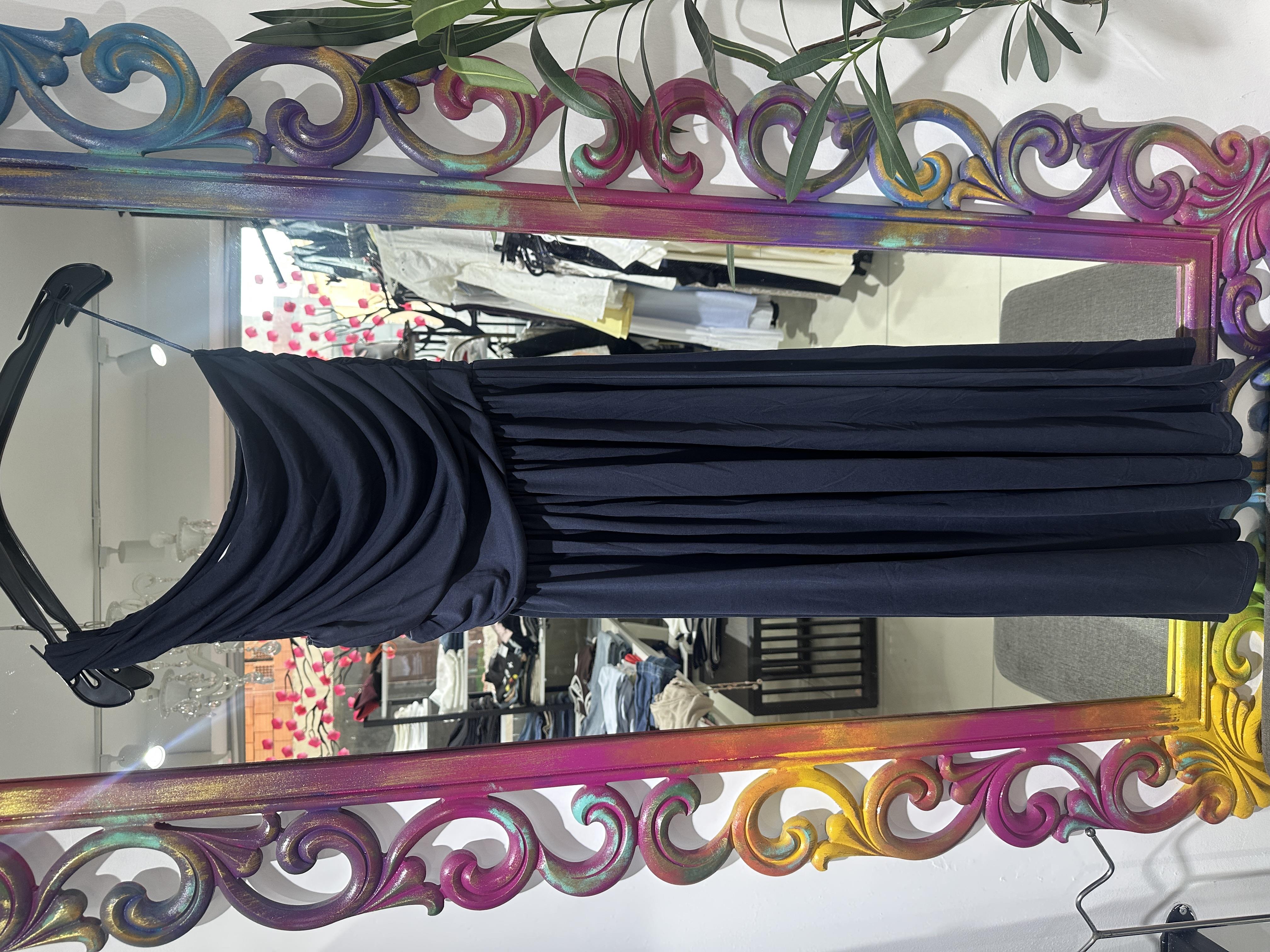 Lacivert Tek Omuzlu Drapeli Elbise