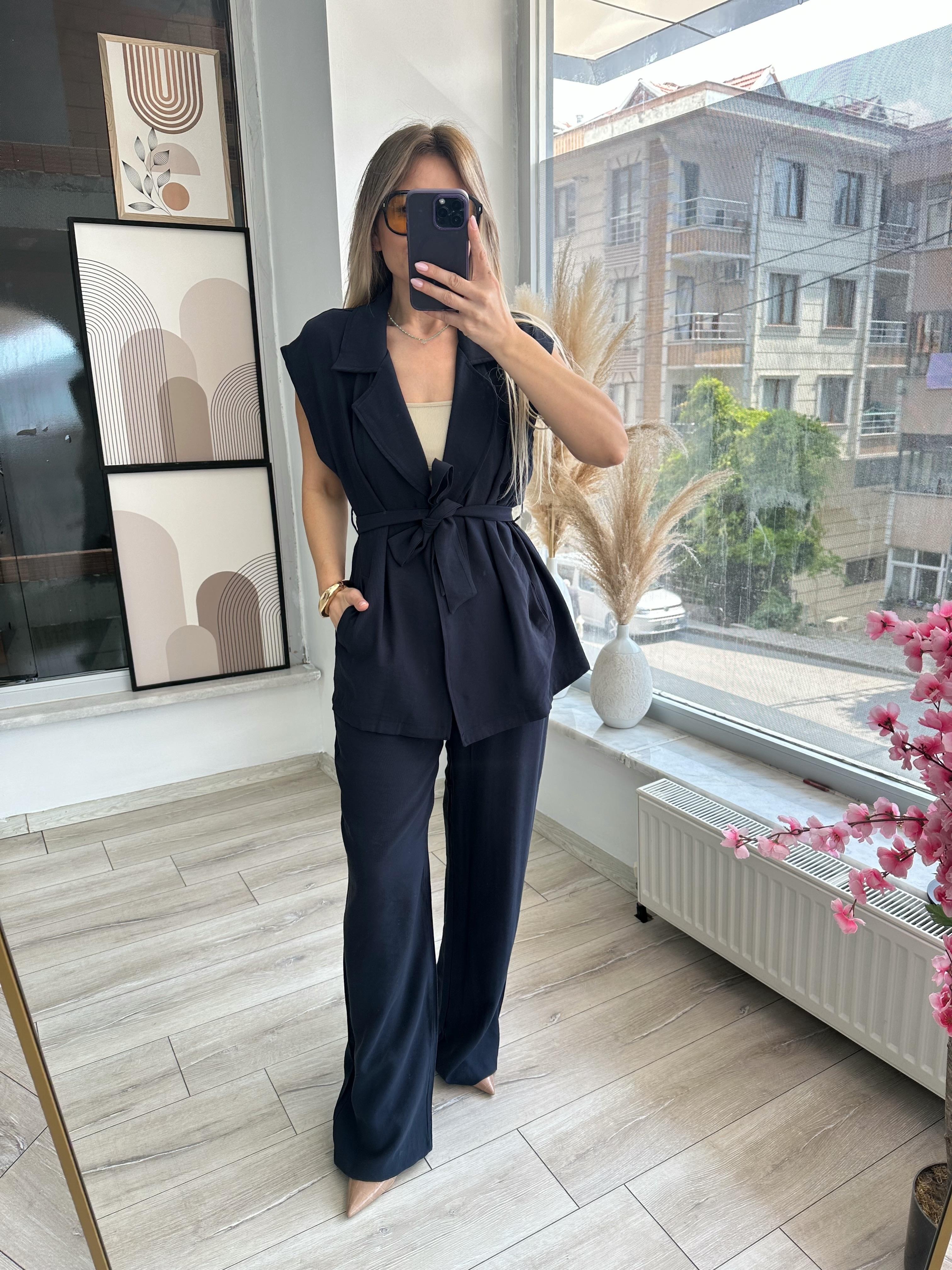 Lacivert Tensel Kumaş Yelek Pantolon Takım 