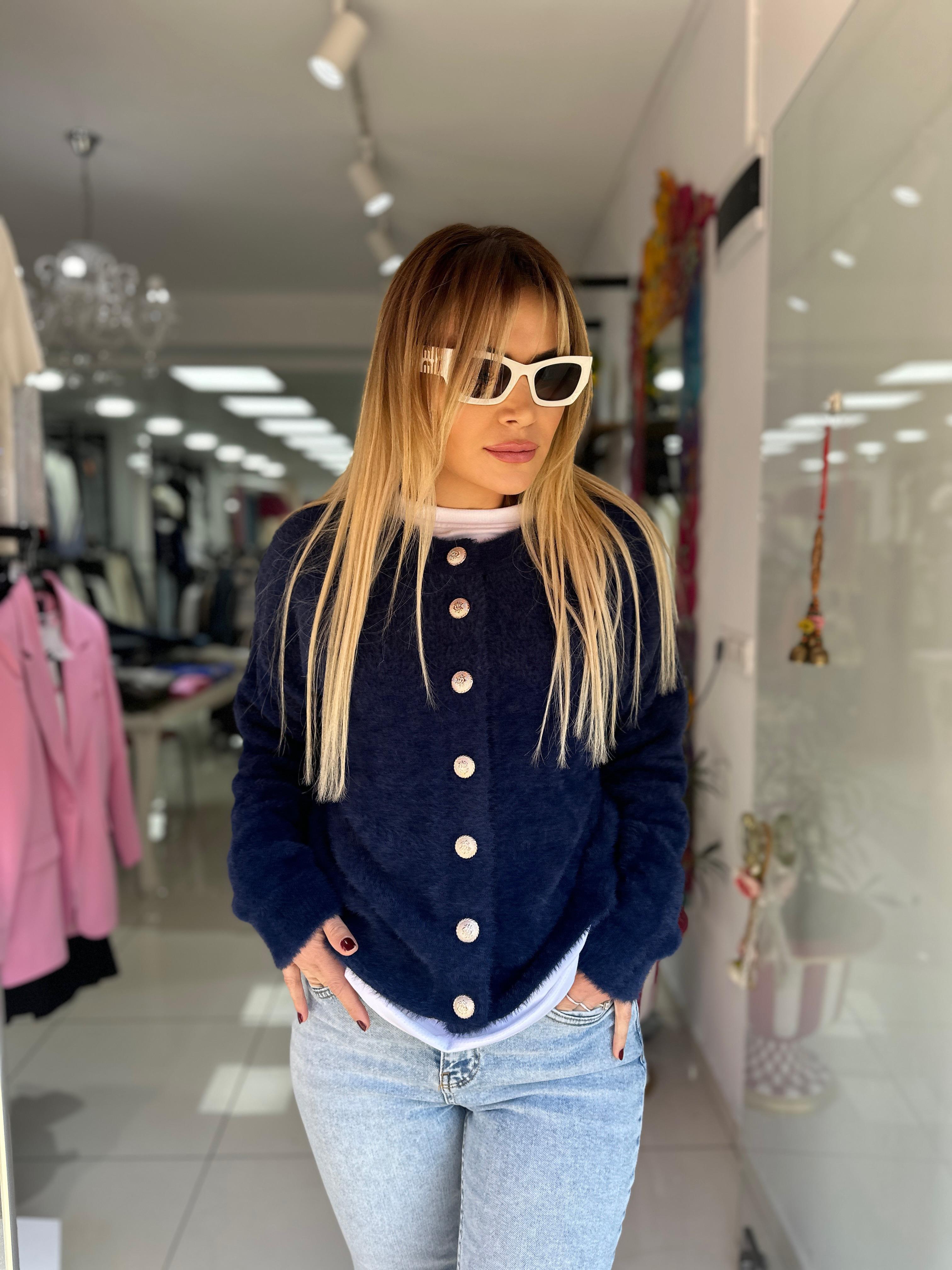 Lacivert Yumoş Gümüş Düğme Detay Hırka