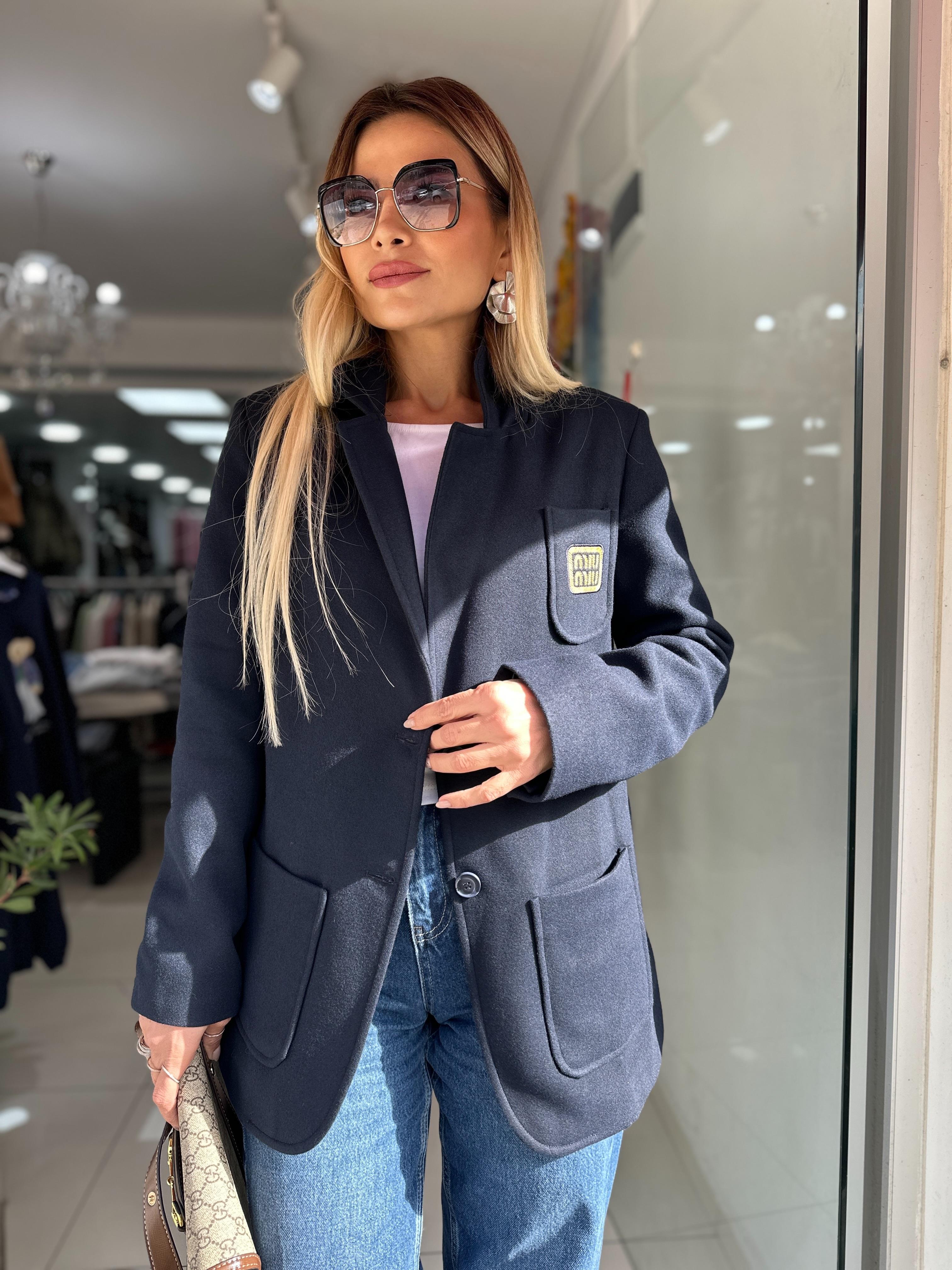 Lacivert Yün Kaşe Marka Amblemli Ceket