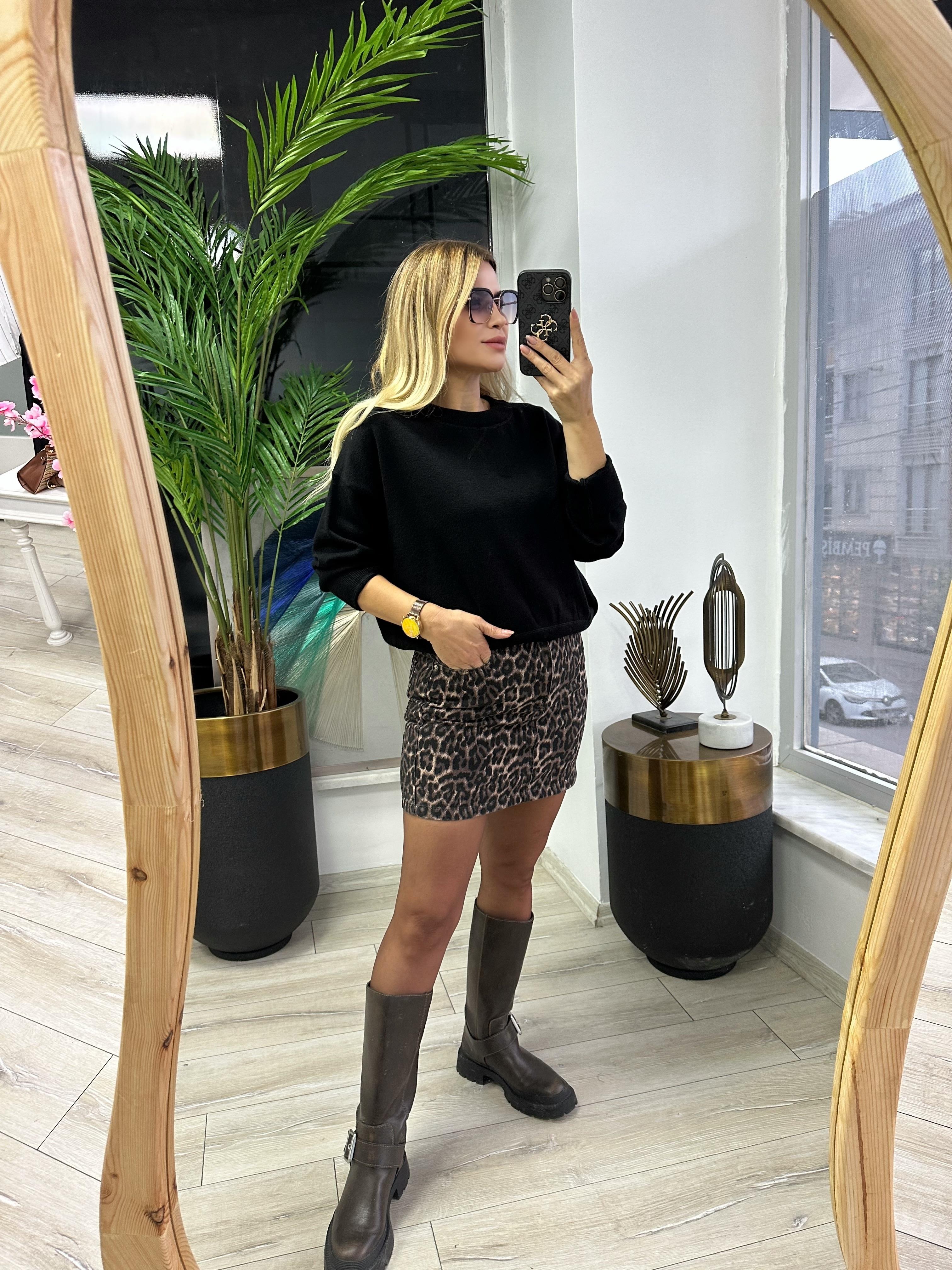 Leopar Desenli Denim Etek  