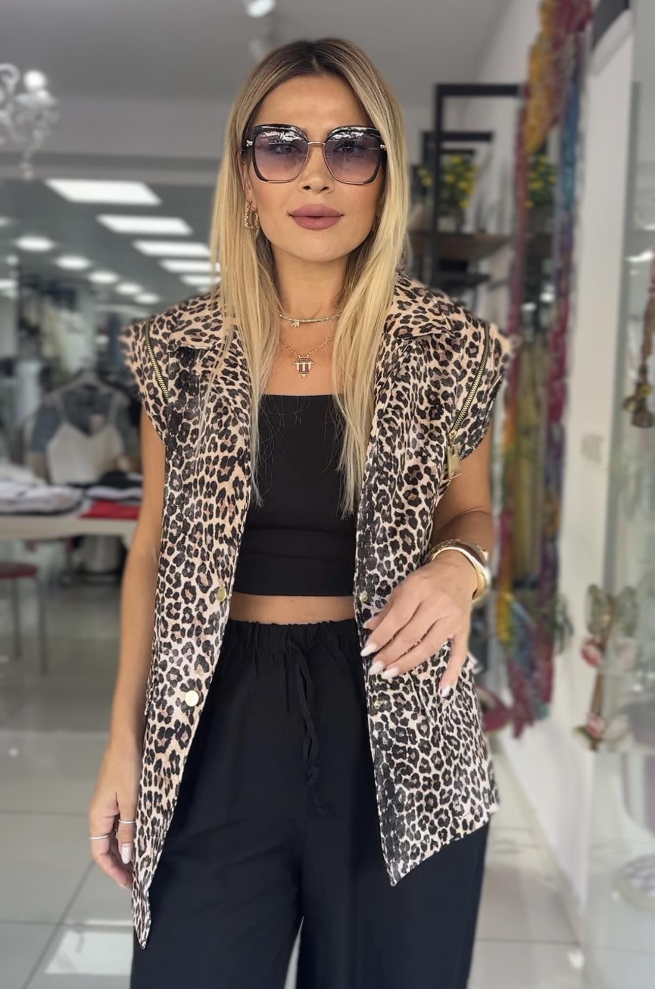 Leopar Desenli Tasarım Yelek 