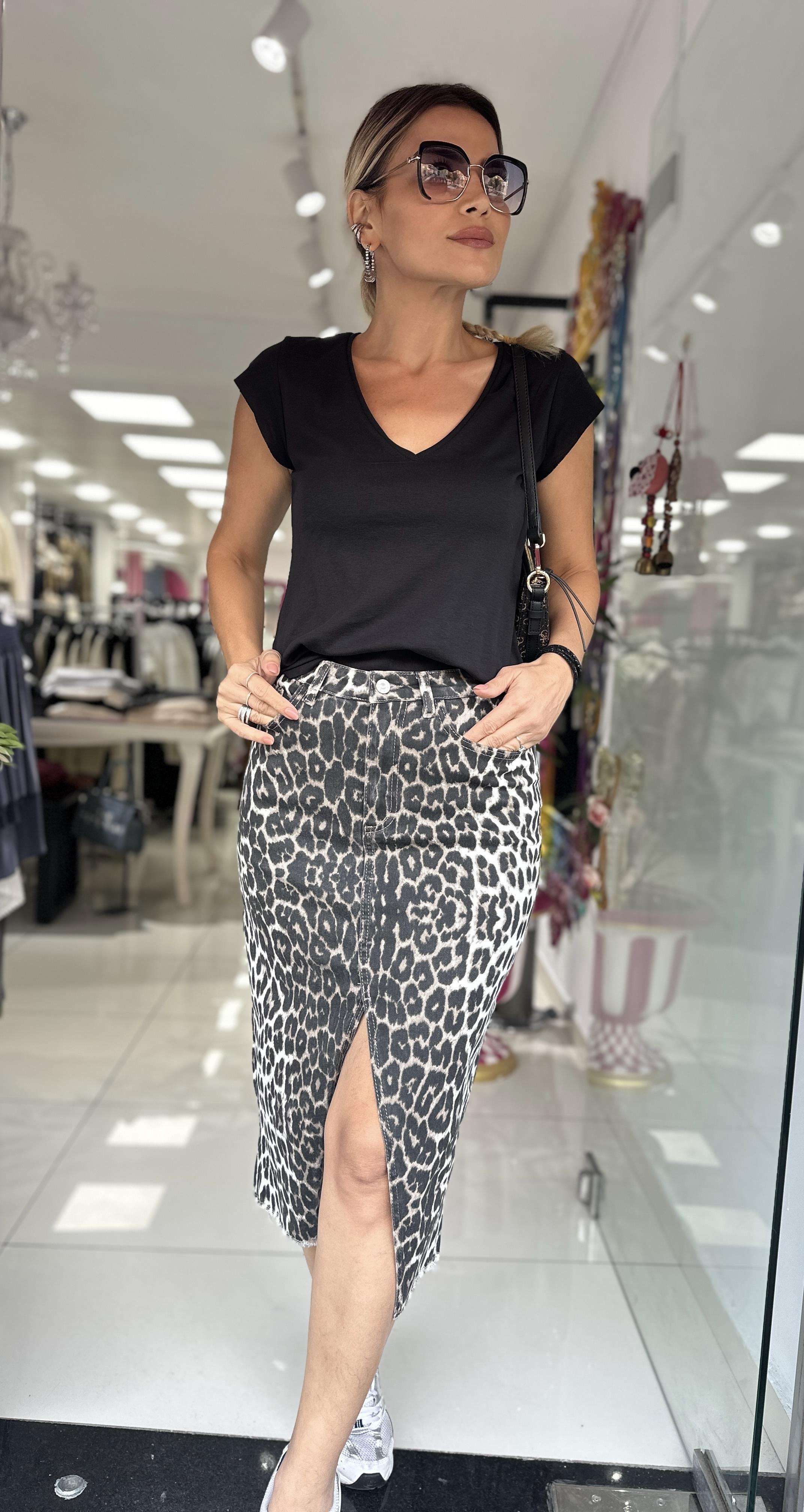 Leopar Desenli Yırtmaçlı Jean Etek
