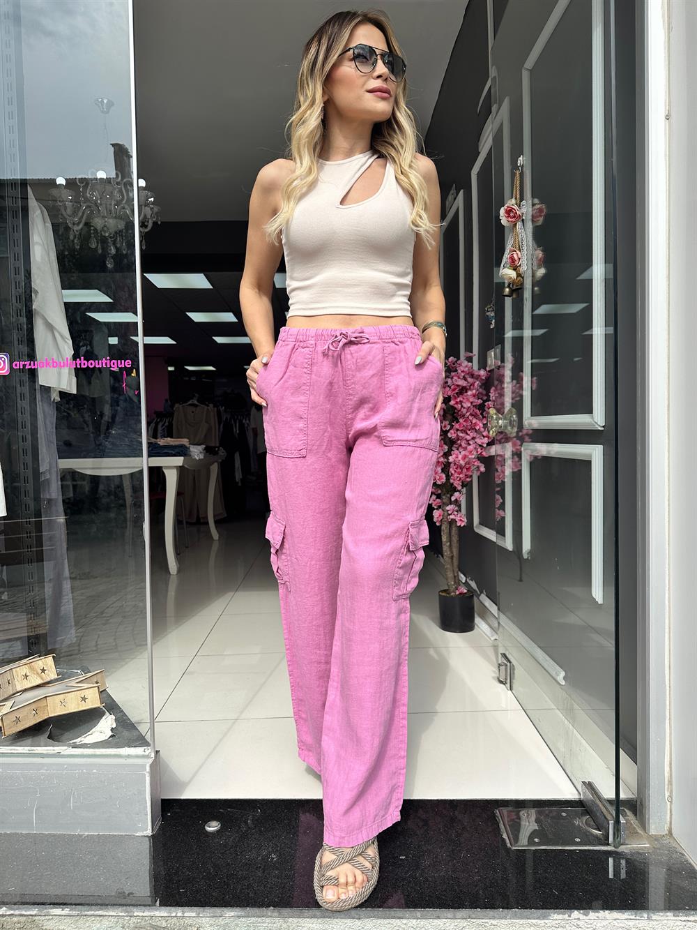 LF Şeker Pembe Ham Keten Palazzo Pantolon