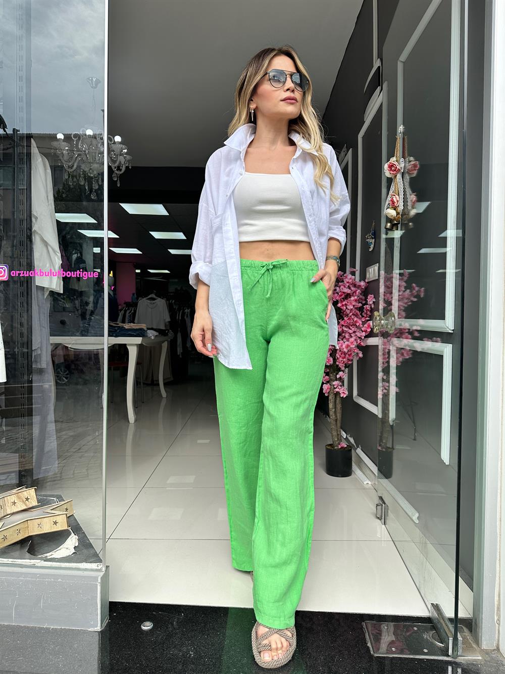 LF Yeşil Ham Keten Palazzo Pantolon