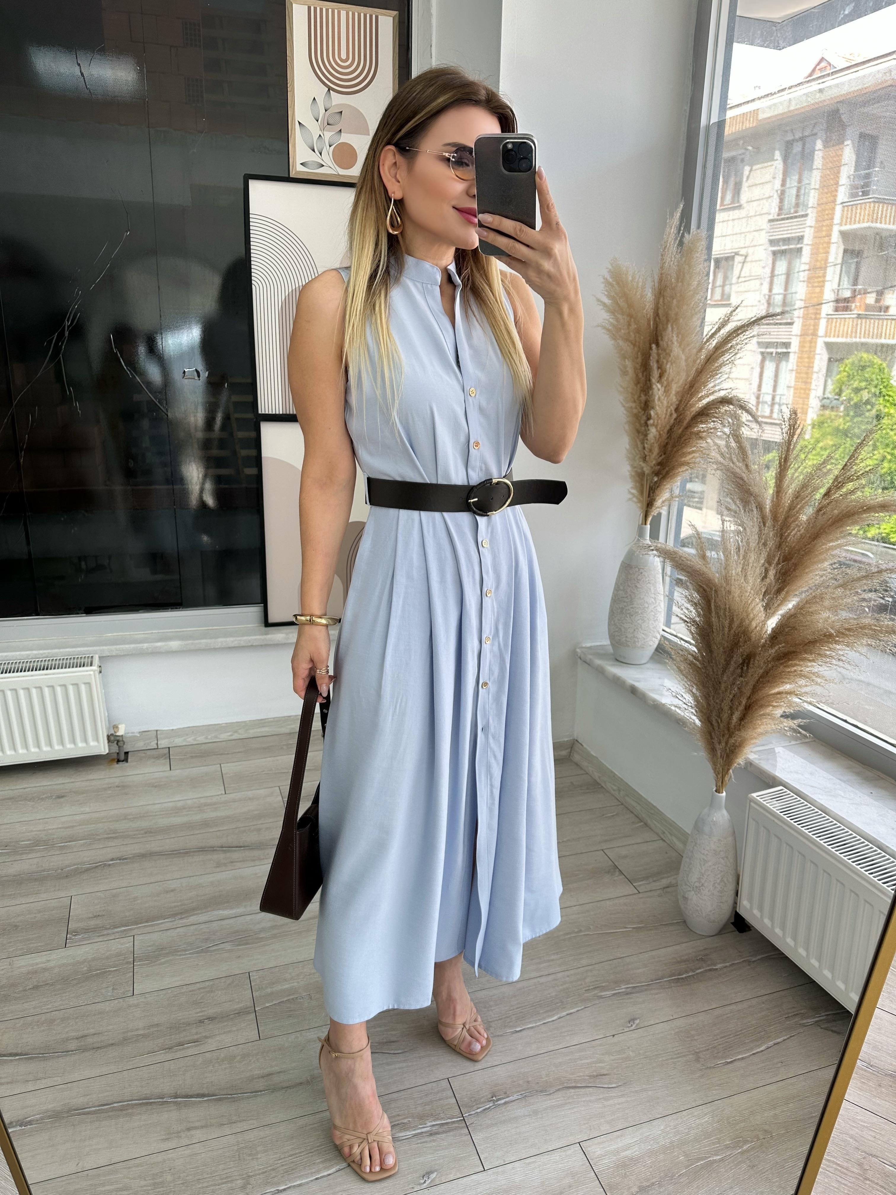 Mavi Hakim Yaka Ön Pileli Elbise