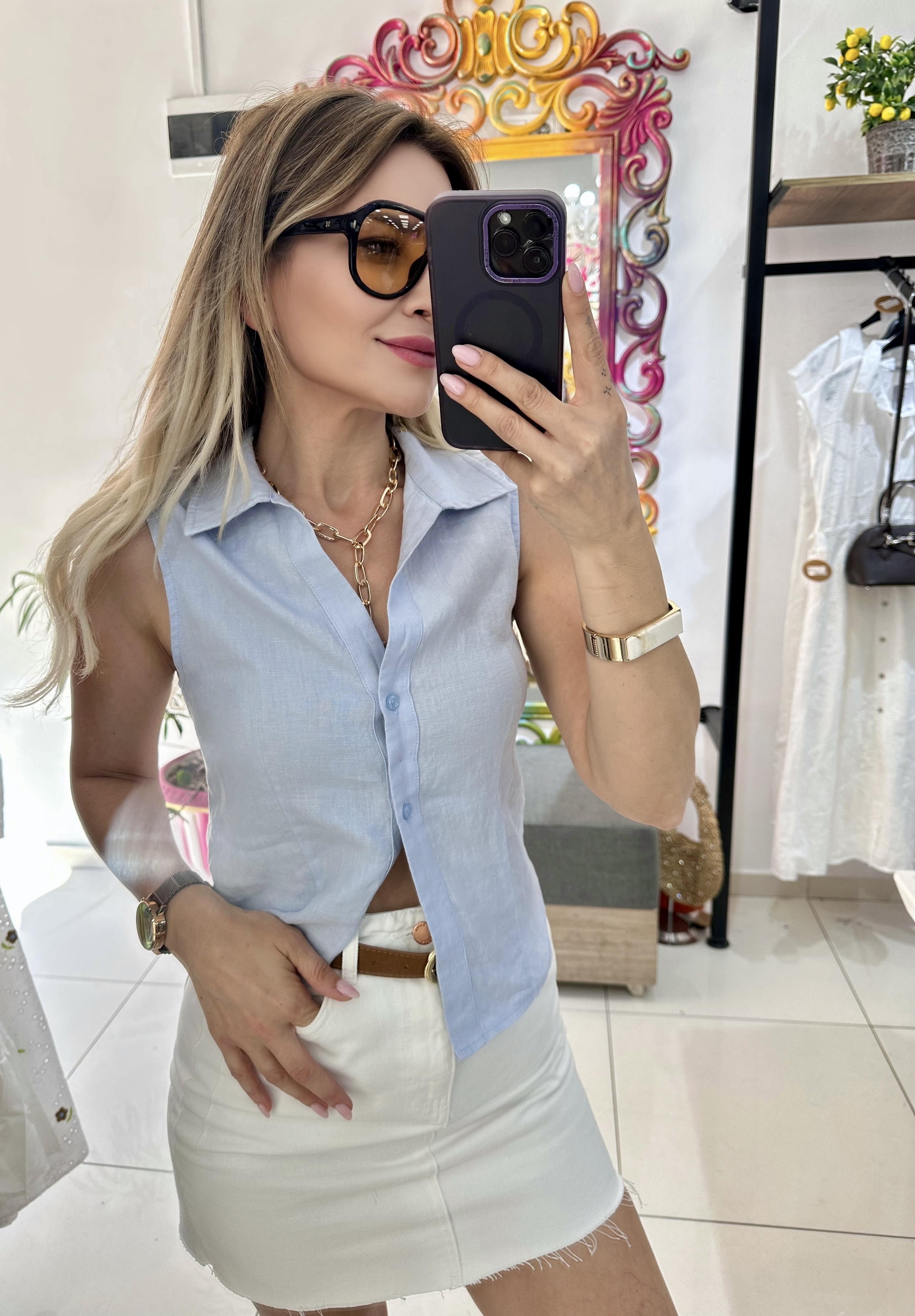 Mavi Keten Kolsuz Gömlek 