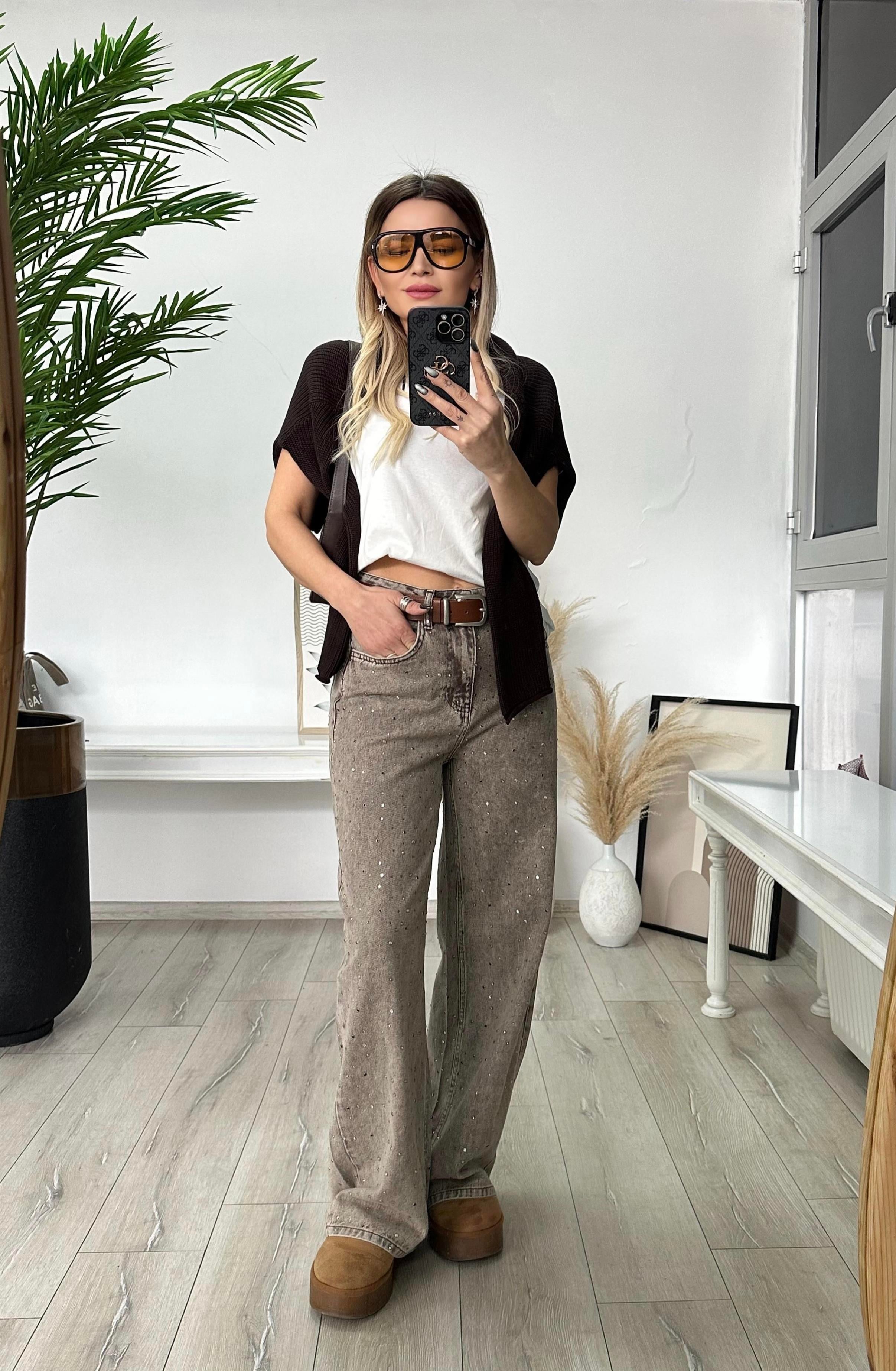 Mocha Kahve Taşlı Jean