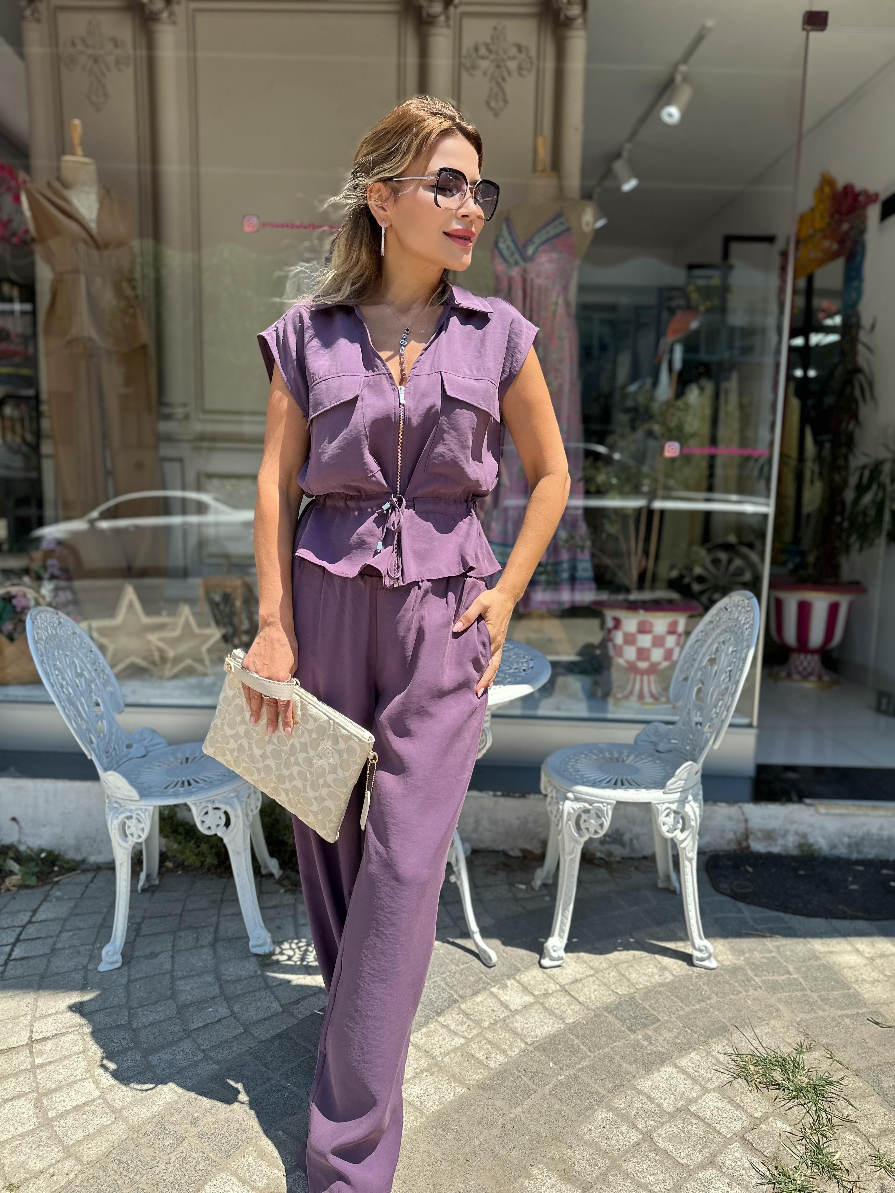 Mor Tensel Kumaş Beli Büzgülü Takım 