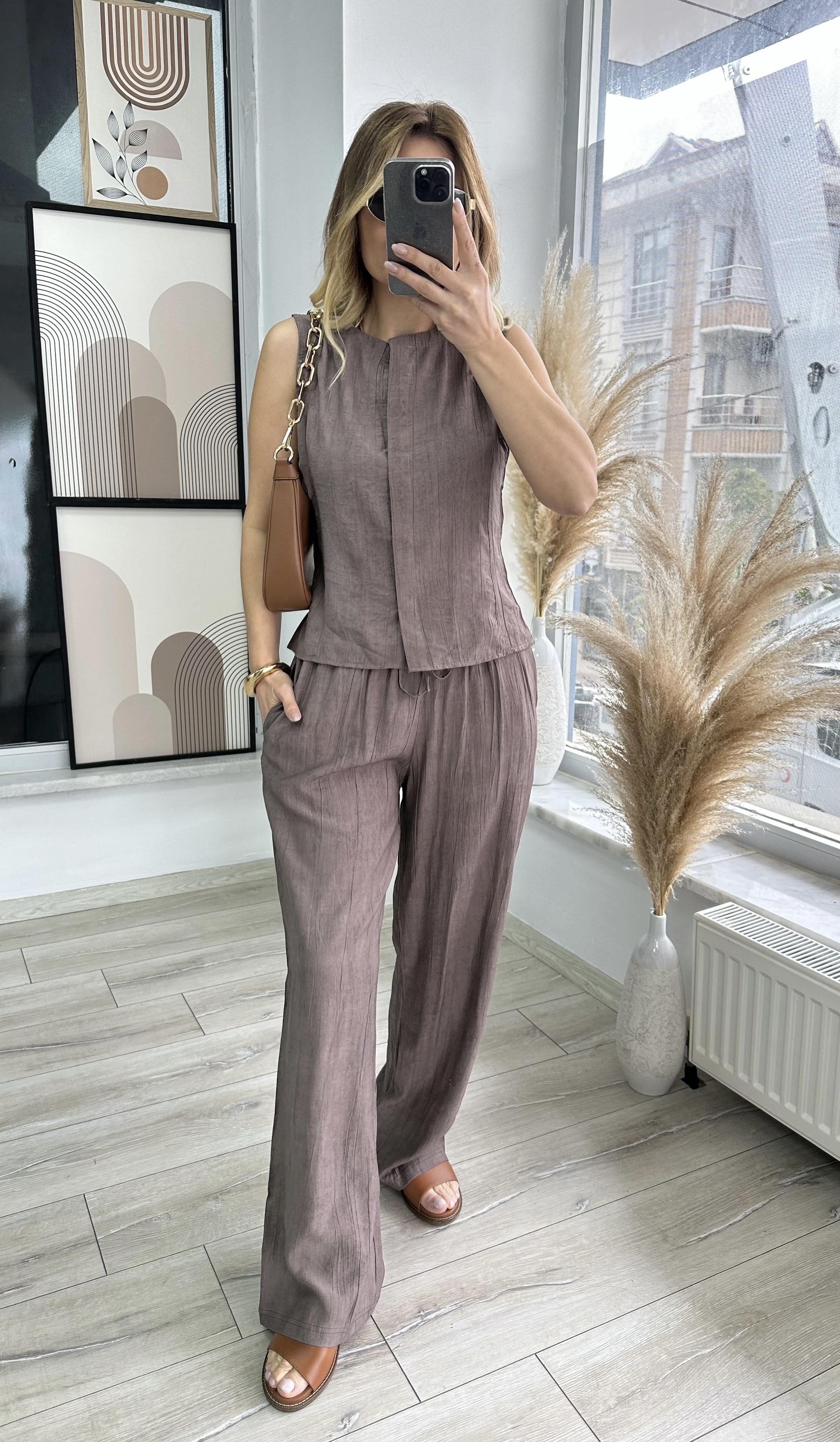 MSM Kahve Krinkıl Kumaş Yelekli Takım