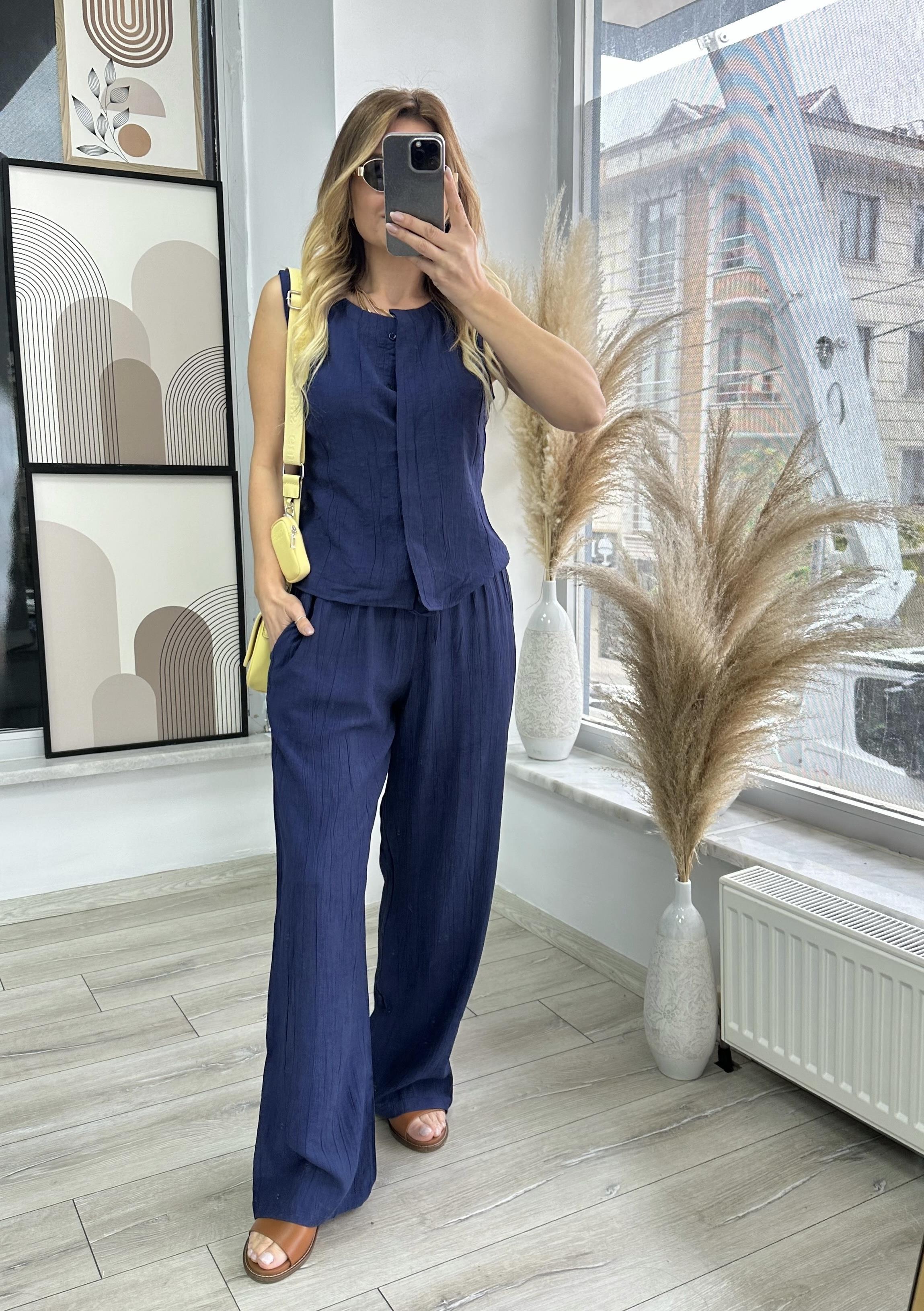 MSM Lacivert Kırınkıl Kumaş Yelekli  Takım