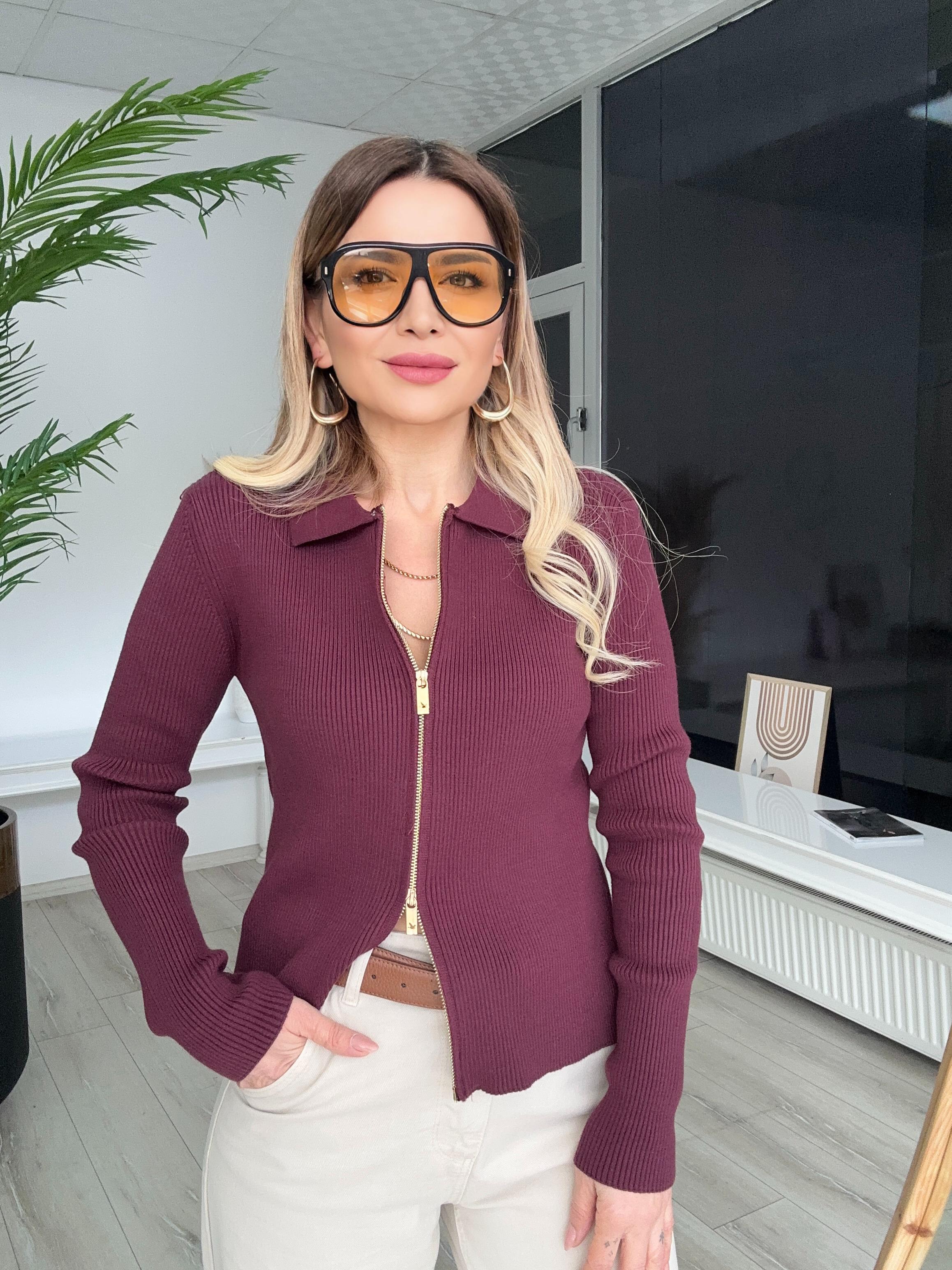 Mürdüm Çift Fermuarlı Triko Hırka 