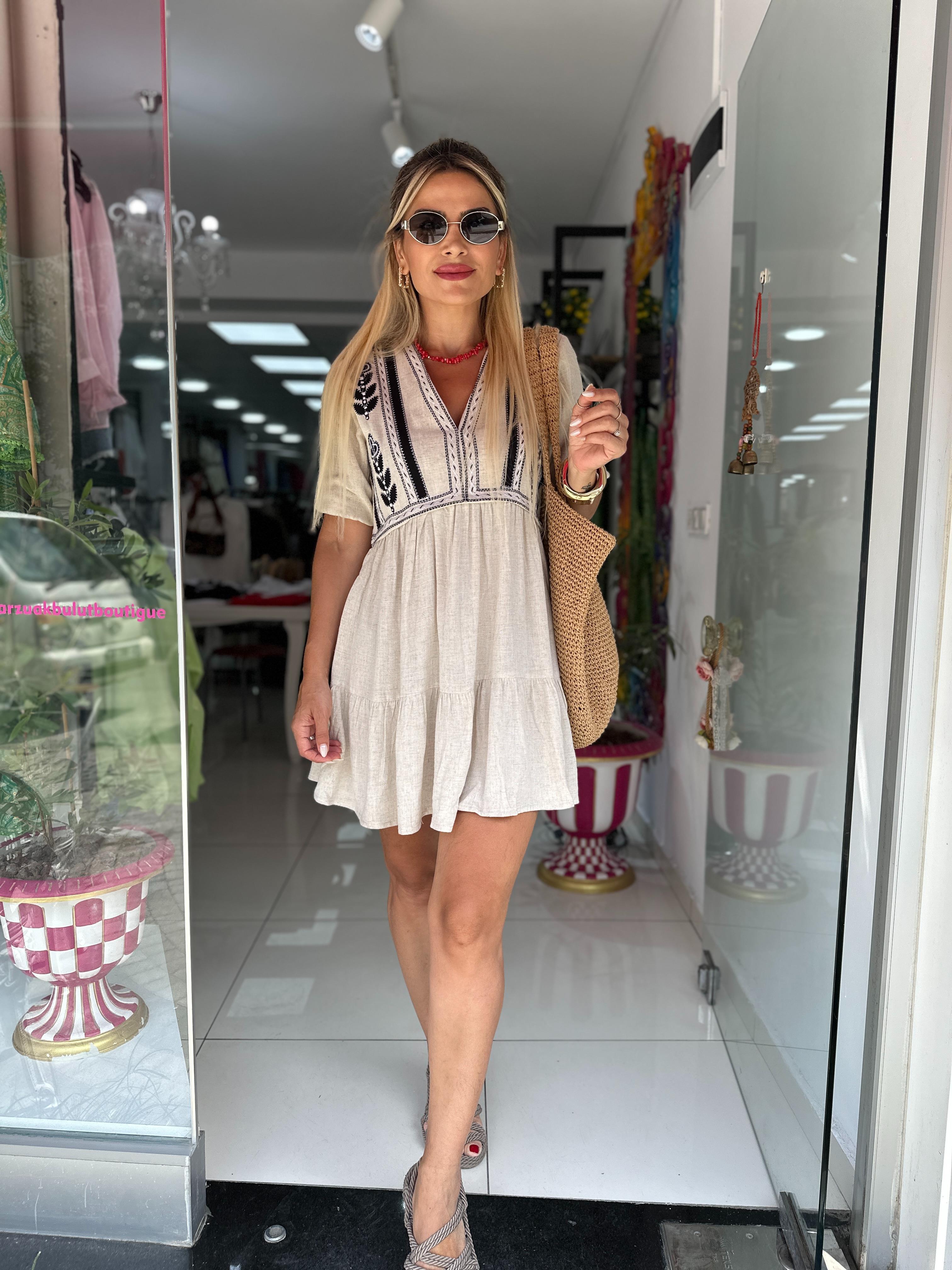 Natural Keten İşlemeli Elbise