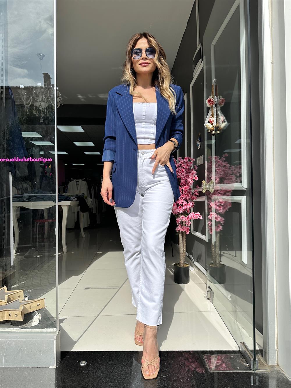 NM Lacivert Çizgili Oversize Blazer Ceket