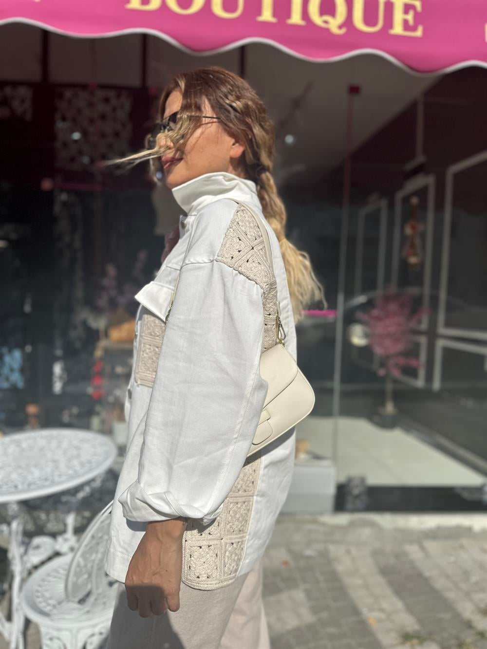 Örgü Detaylı Denim Beyaz Ceket 