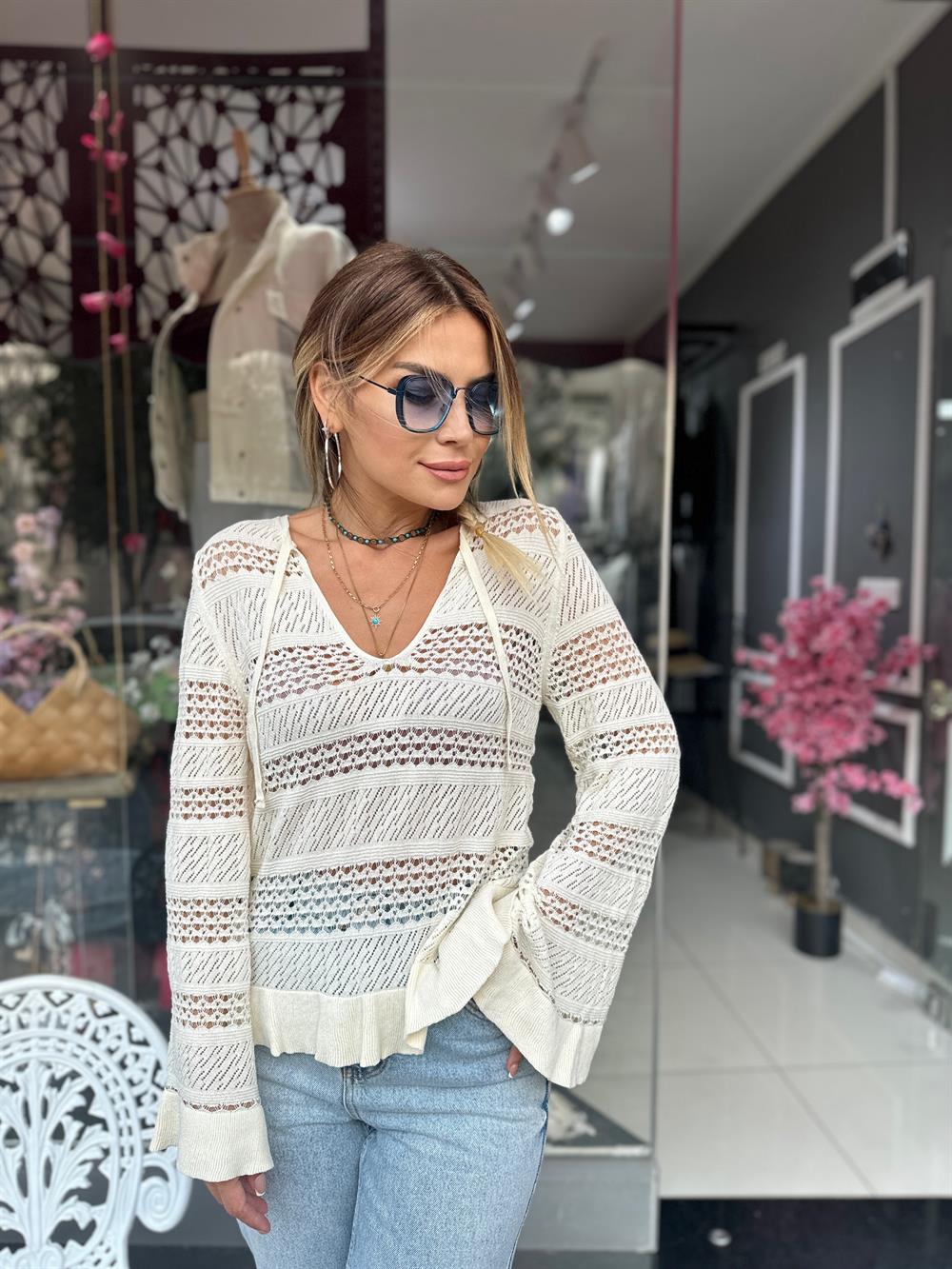 ORJ Ajurlu Kol Detay Bluz