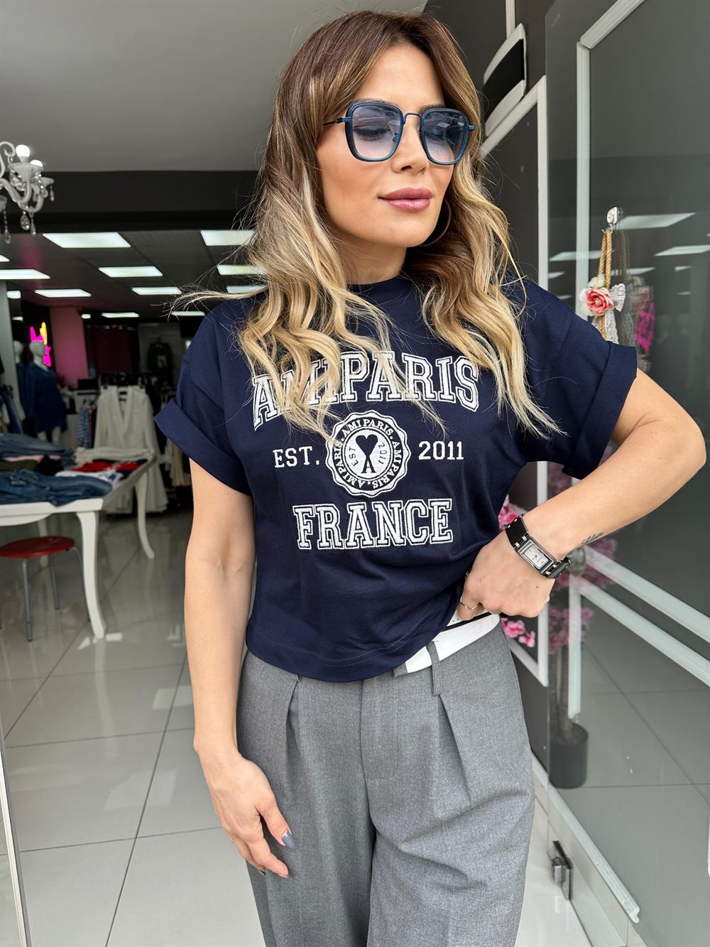 ORJ AMI Lacivert Nakışlı Tshirt