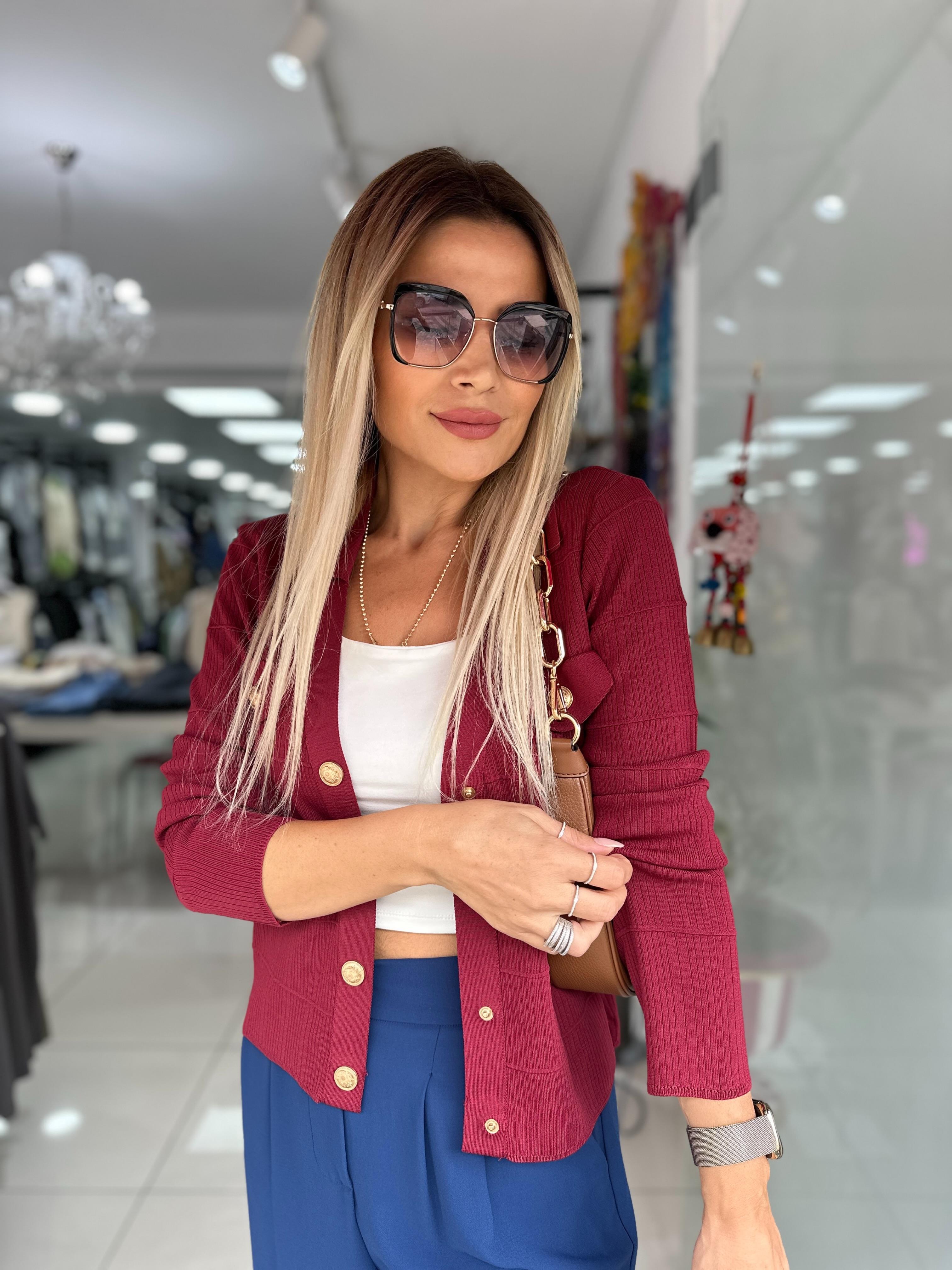 ORJ Bordo Gold Düğme Triko Hırka 
