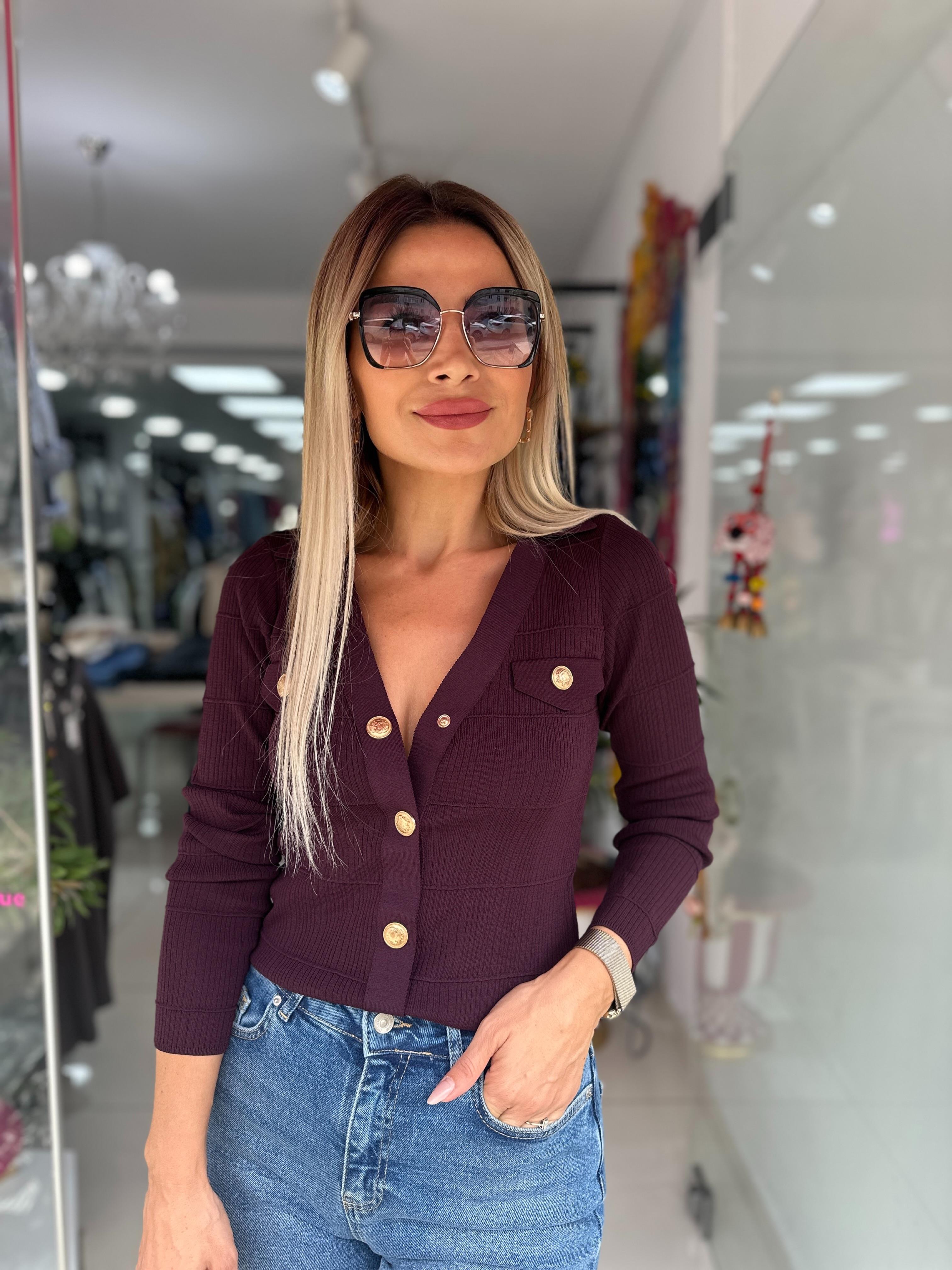 ORJ Gold Düğme Mürdüm Triko Hırka 