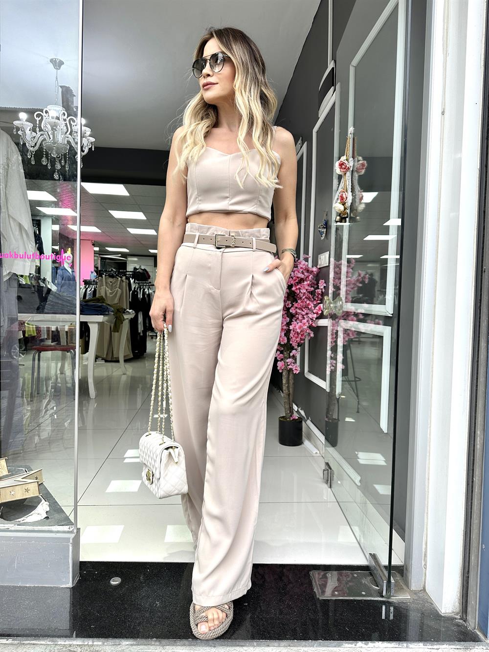 ORJ Mng Bej Crop Palazzo Pantolon Takım 
