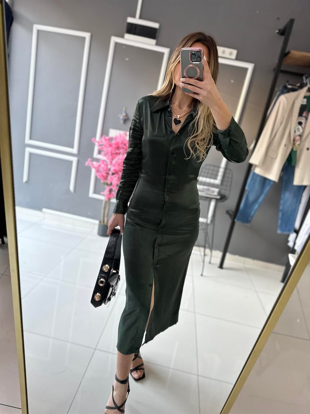 ORJ ZR Haki İpek Saten Elbise