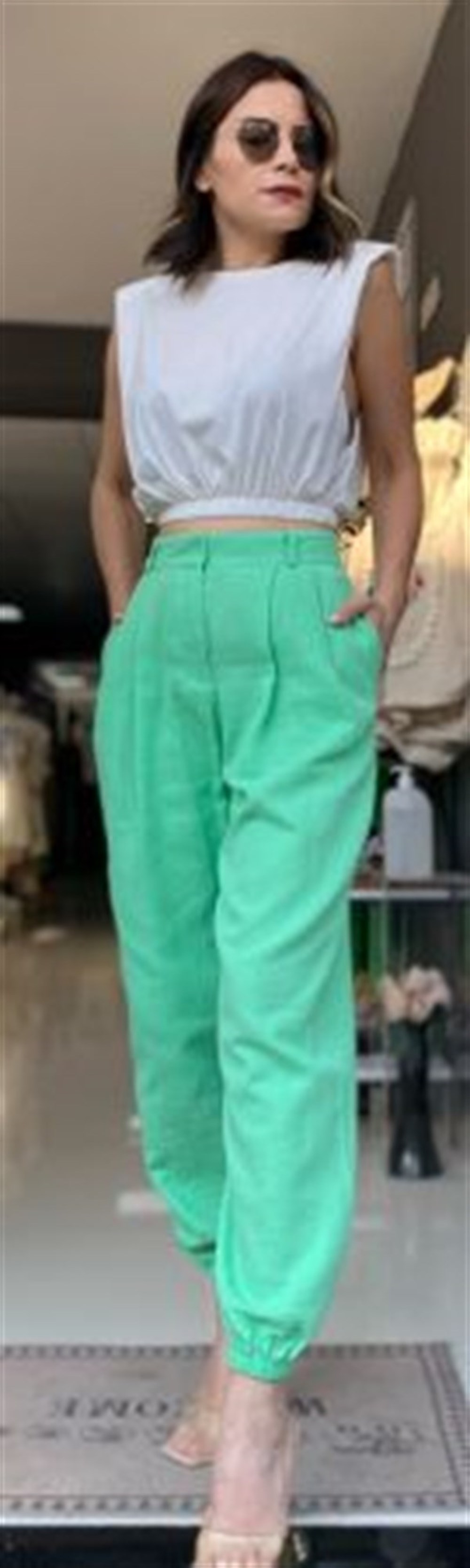 PAÇASI LASTİKLİ YEŞİL PANTOLON 
