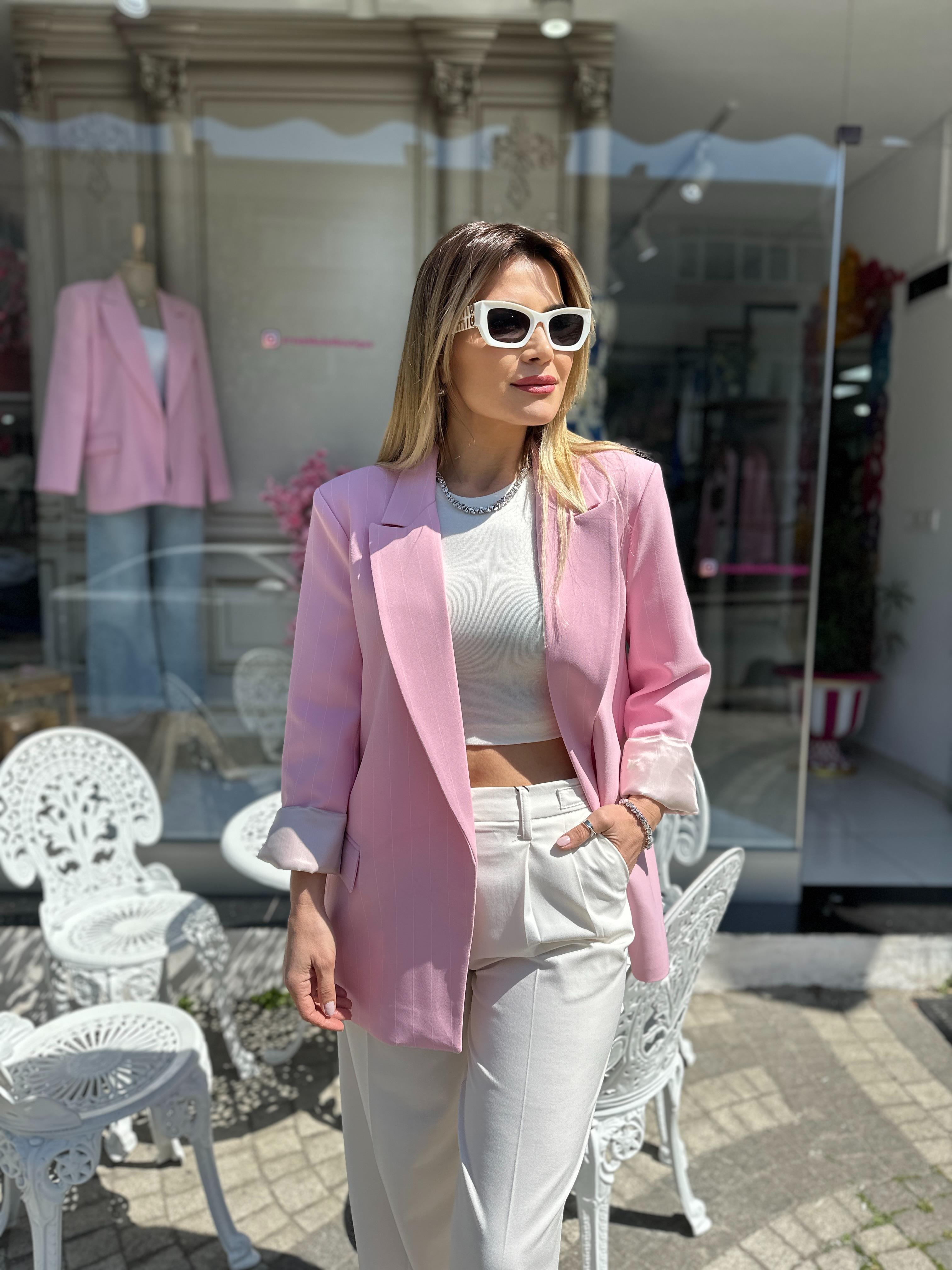 Pembe Bej Çizgili Astarlı Blazer 