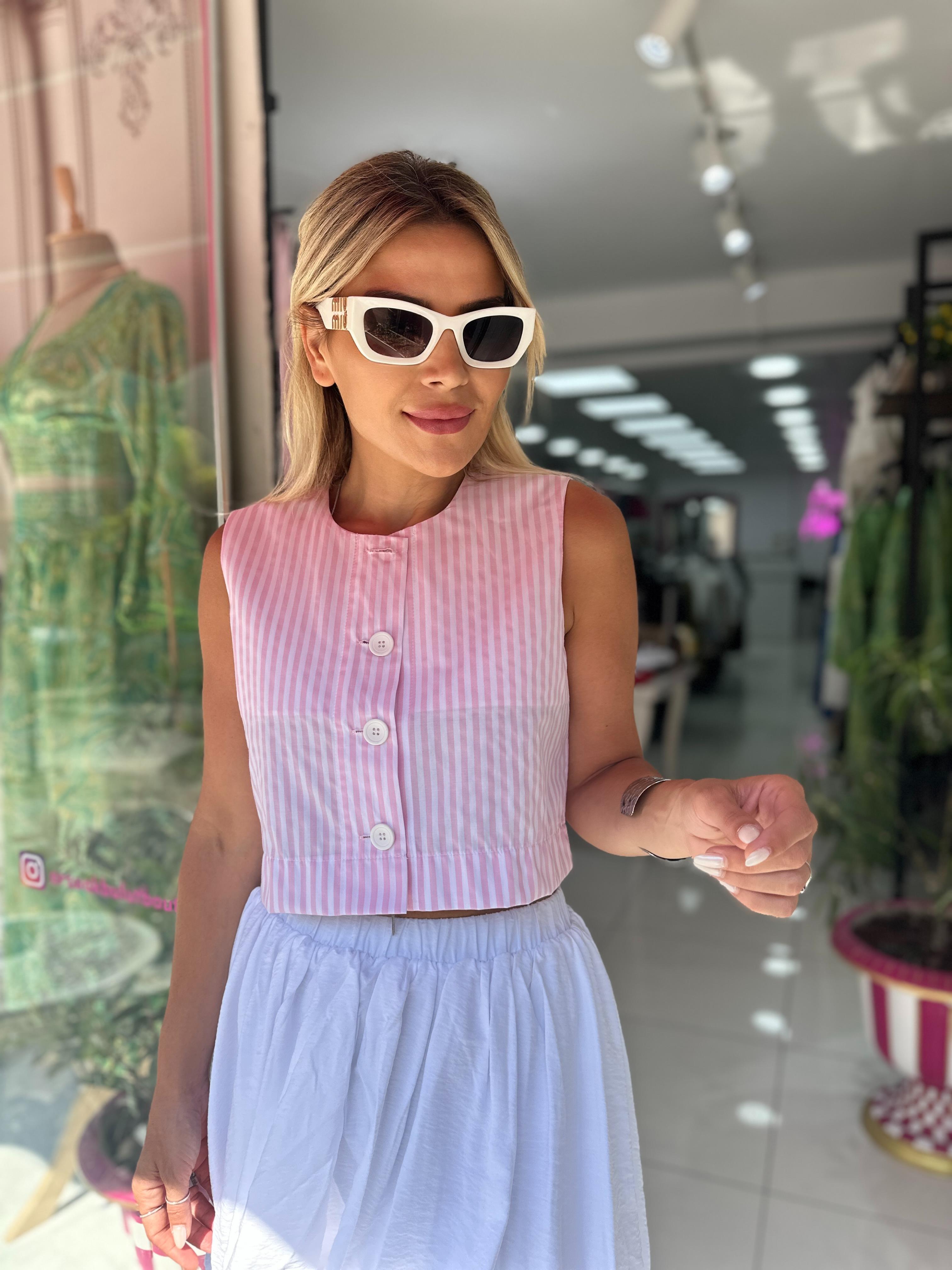 Pembe Beyaz Çizgili Kısa Yelek 