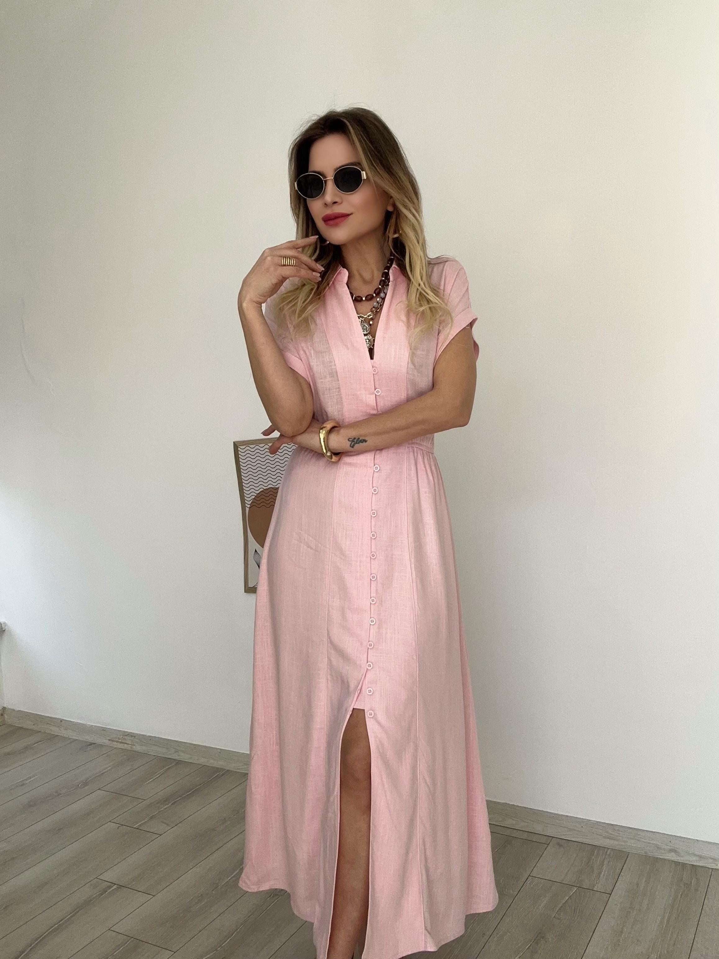 Pembe Biritli Keten Elbise