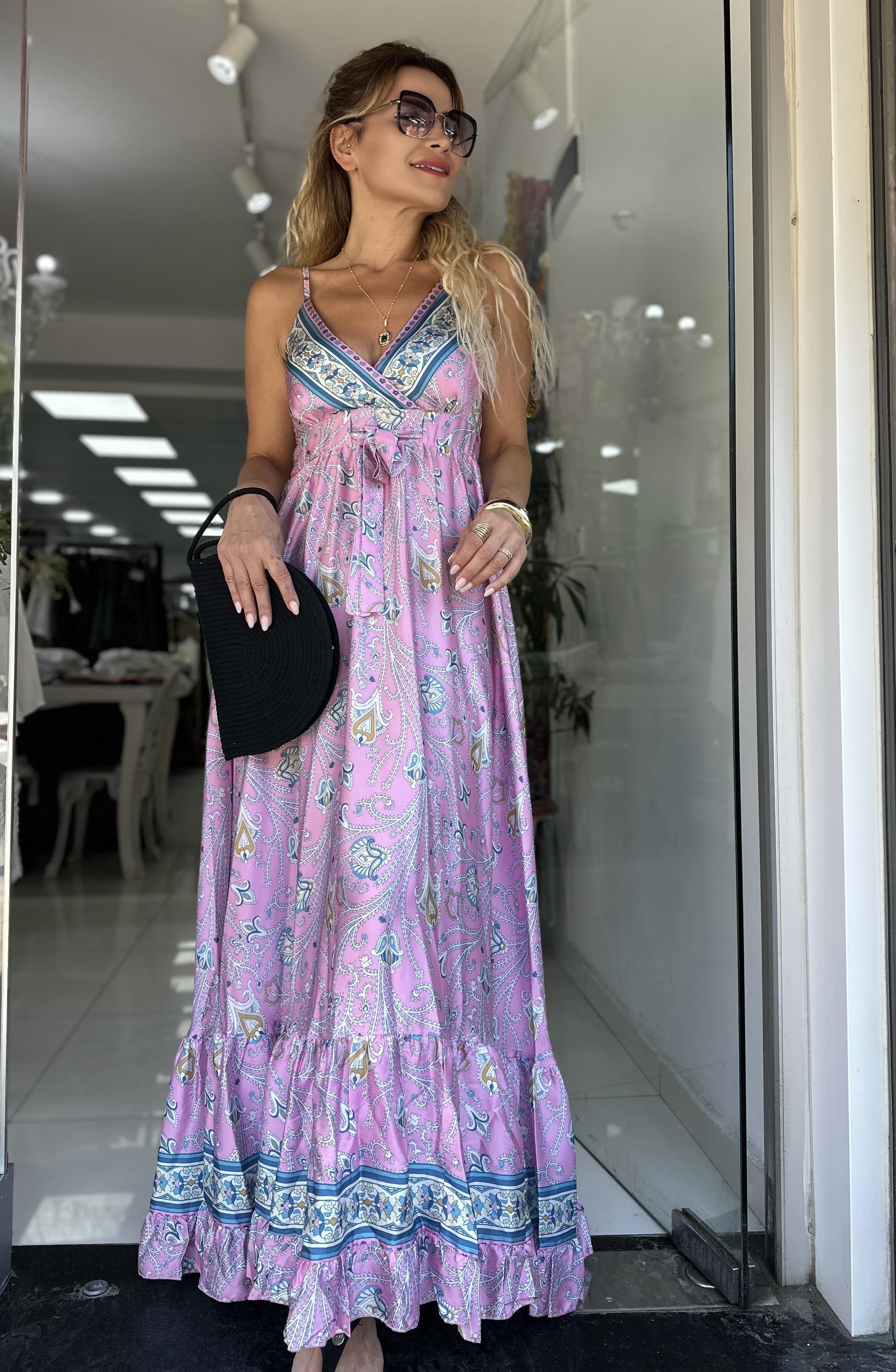 Pembe Desenli İthal Kumaş Elbise