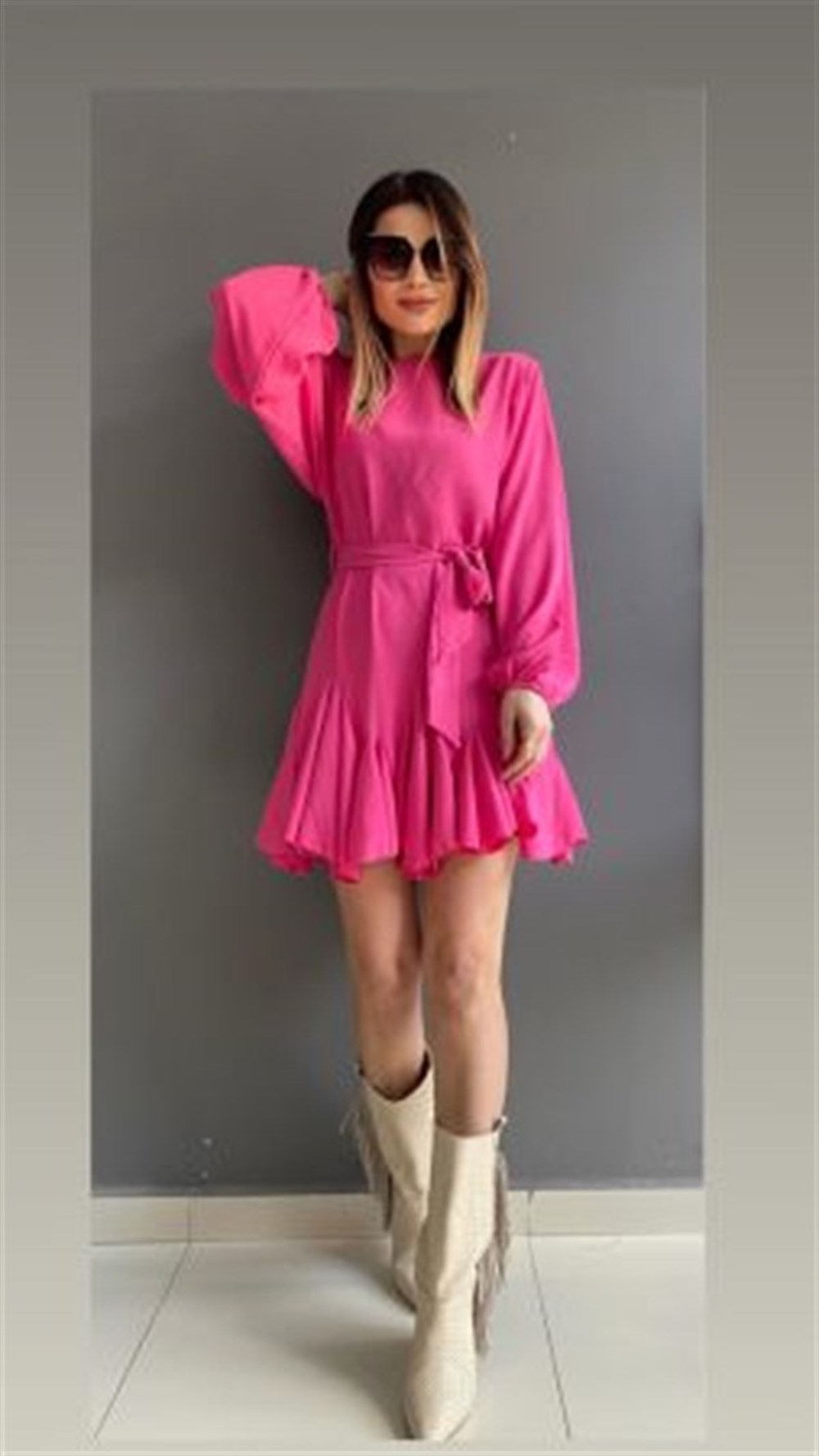 PEMBE  ETEK UCU VOLANLI ELBİSE